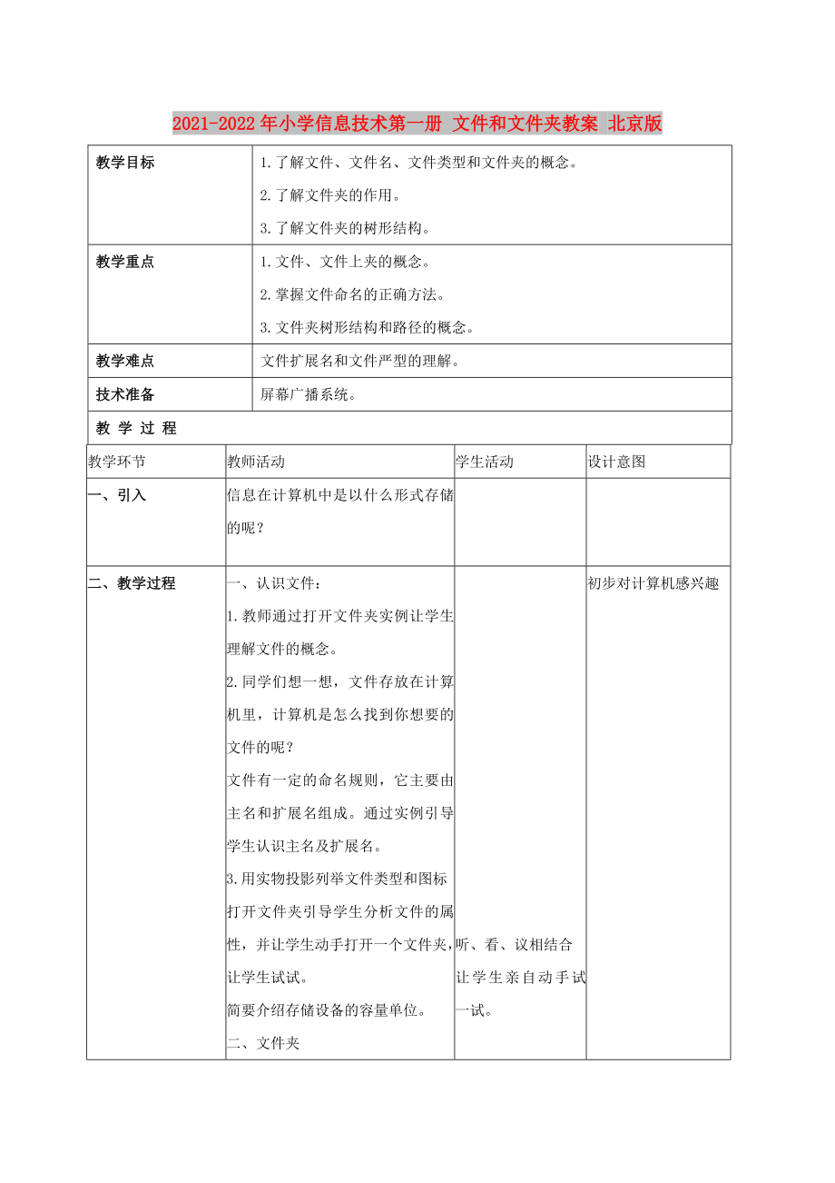 2021-2022年小學(xué)信息技術(shù)第一冊 文件和文件夾教案 北京版_第1頁