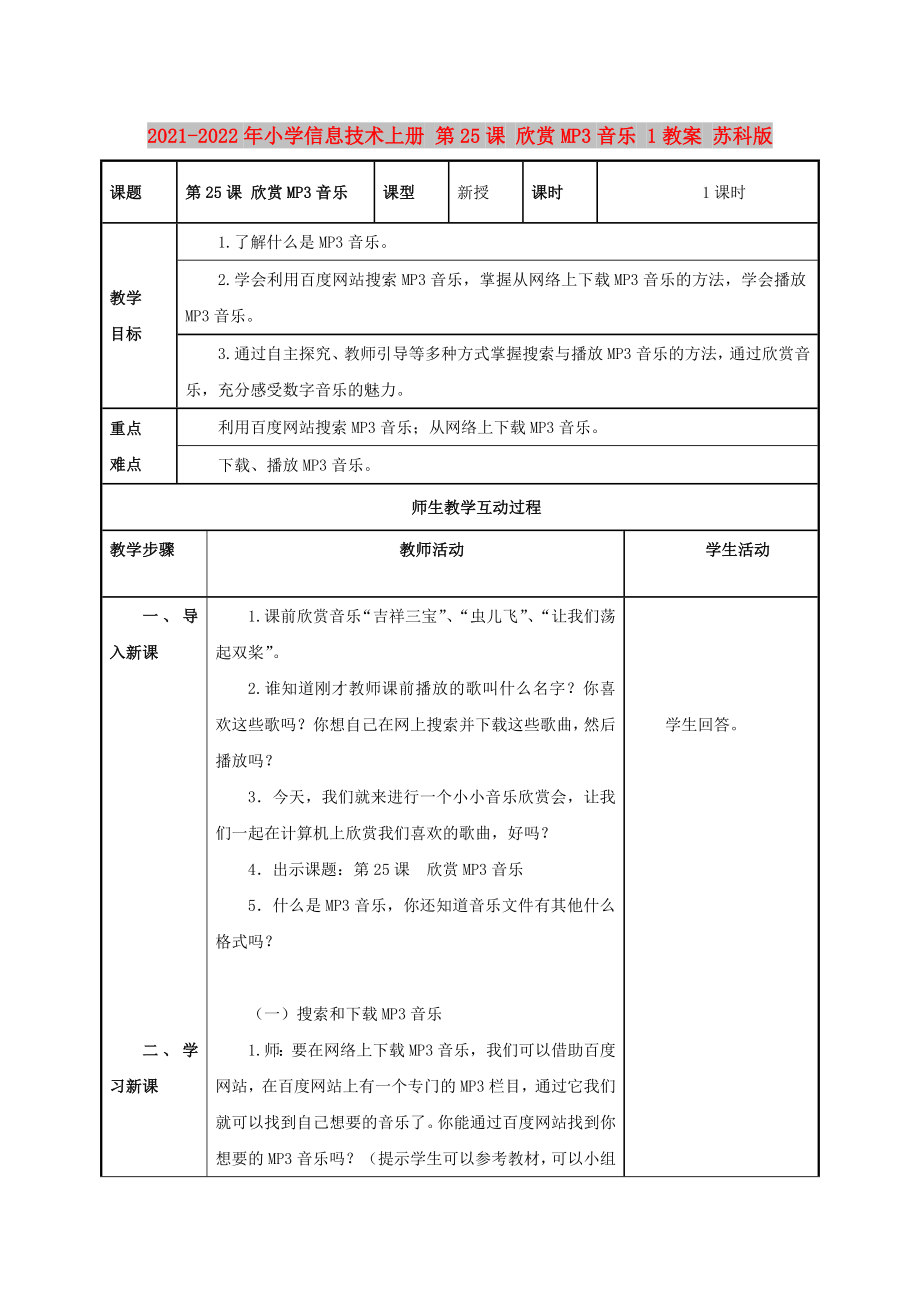 2021-2022年小學(xué)信息技術(shù)上冊(cè) 第25課 欣賞MP3音樂(lè) 1教案 蘇科版_第1頁(yè)