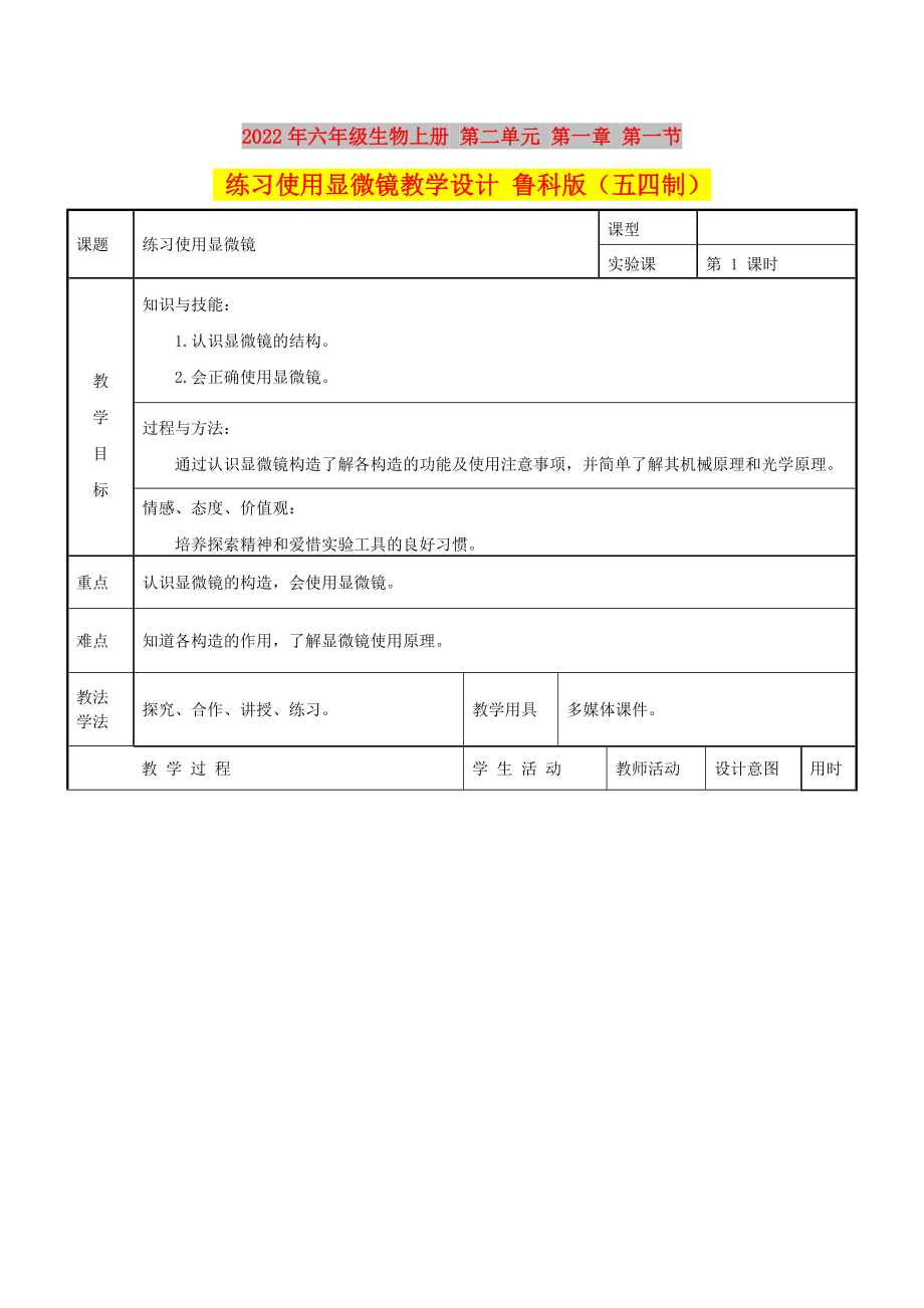 2022年六年級生物上冊 第二單元 第一章 第一節(jié) 練習(xí)使用顯微鏡教學(xué)設(shè)計 魯科版（五四制）_第1頁