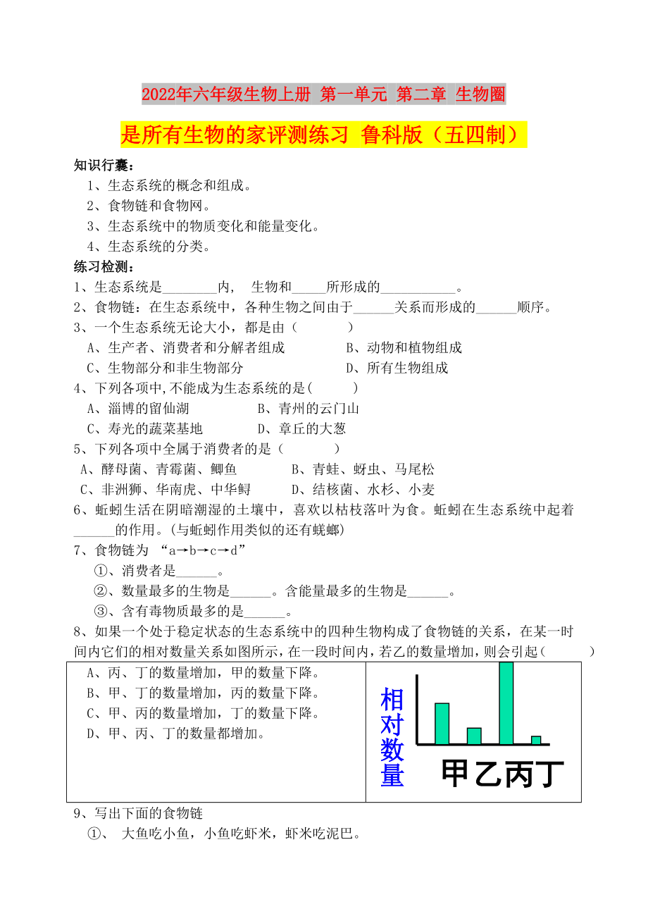 2022年六年級(jí)生物上冊(cè) 第一單元 第二章 生物圈是所有生物的家評(píng)測(cè)練習(xí) 魯科版（五四制）_第1頁(yè)