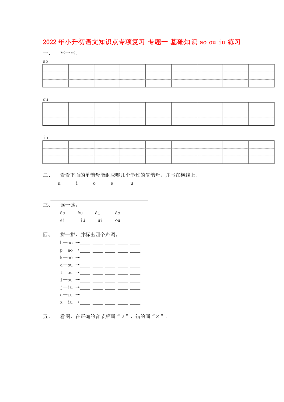 2022年小升初語文知識點專項復(fù)習(xí) 專題一 基礎(chǔ)知識 ao ou iu 練習(xí)_第1頁