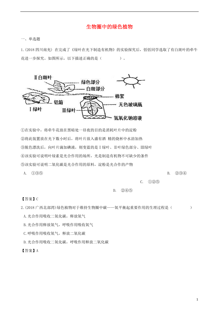 2018年中考生物 生物圈中的綠色植物練習(xí)_第1頁(yè)
