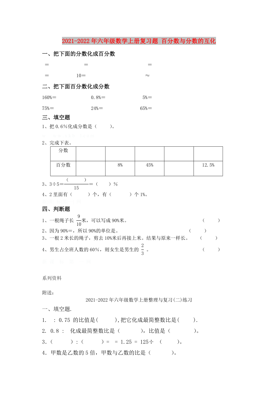 2021-2022年六年級數(shù)學(xué)上冊復(fù)習(xí)題 百分?jǐn)?shù)與分?jǐn)?shù)的互化_第1頁