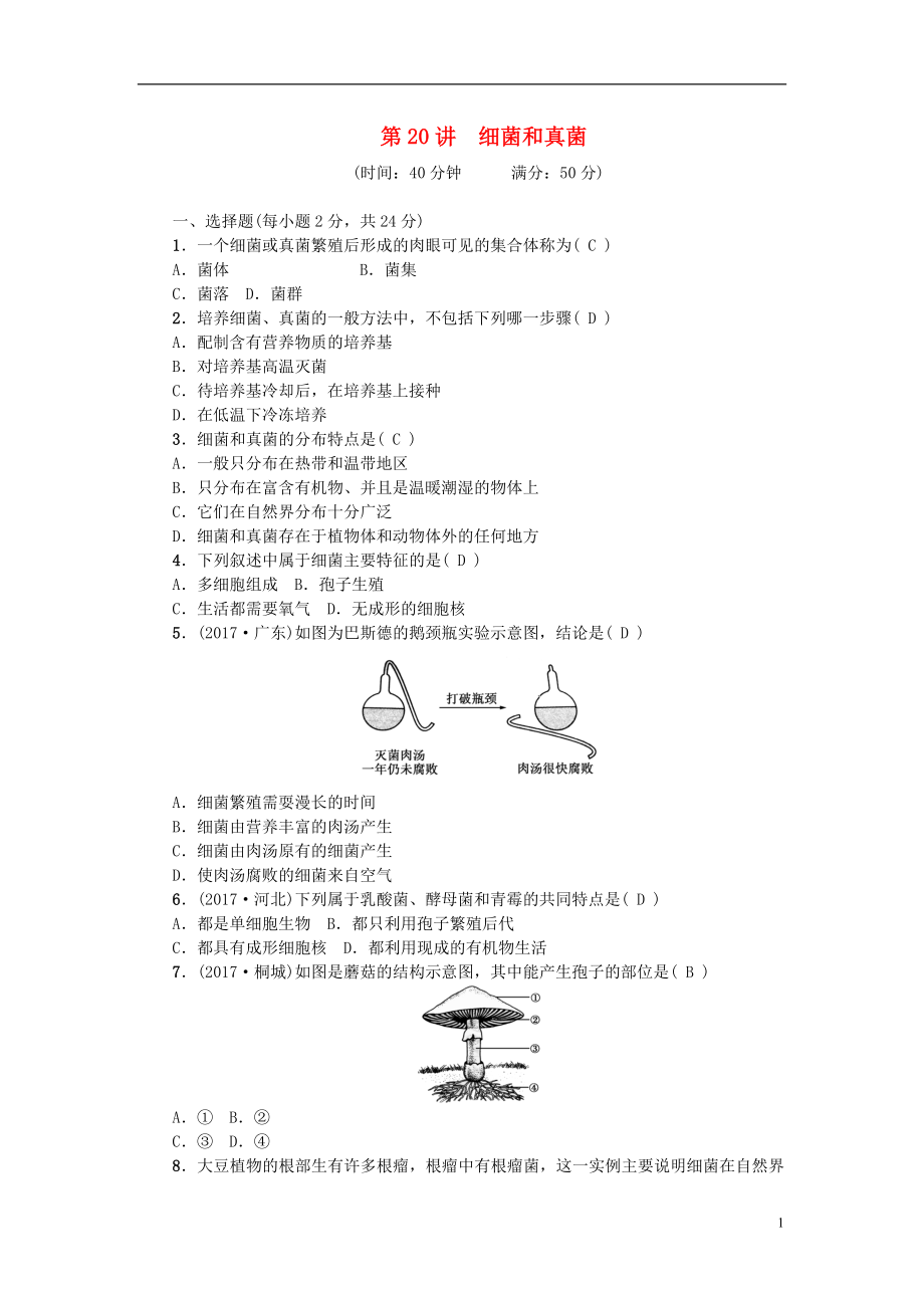 2018屆中考生物 第20講 細菌和真菌復習練習_第1頁