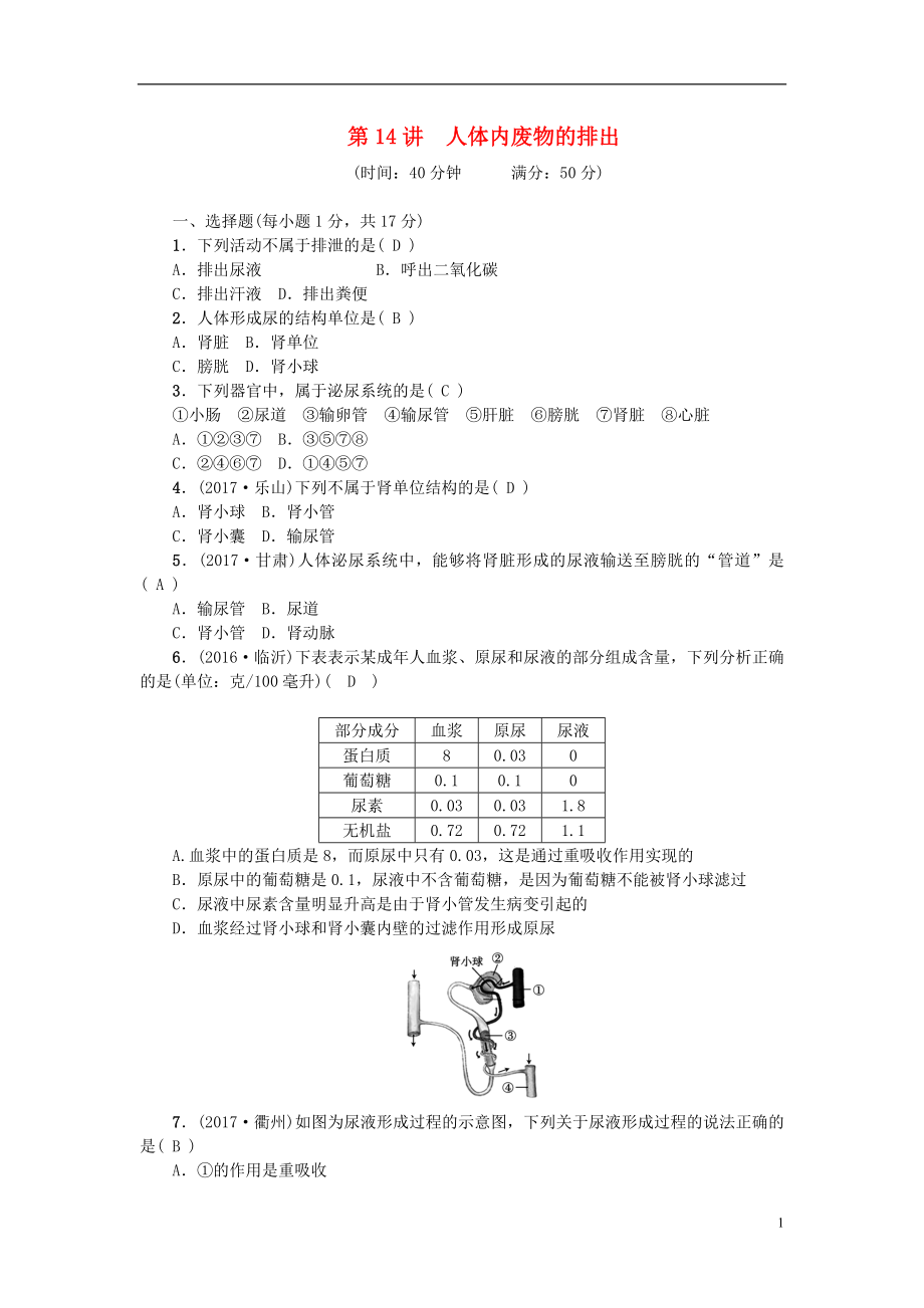 2018屆中考生物 第14講 人體內(nèi)廢物的排出復(fù)習(xí)練習(xí)_第1頁