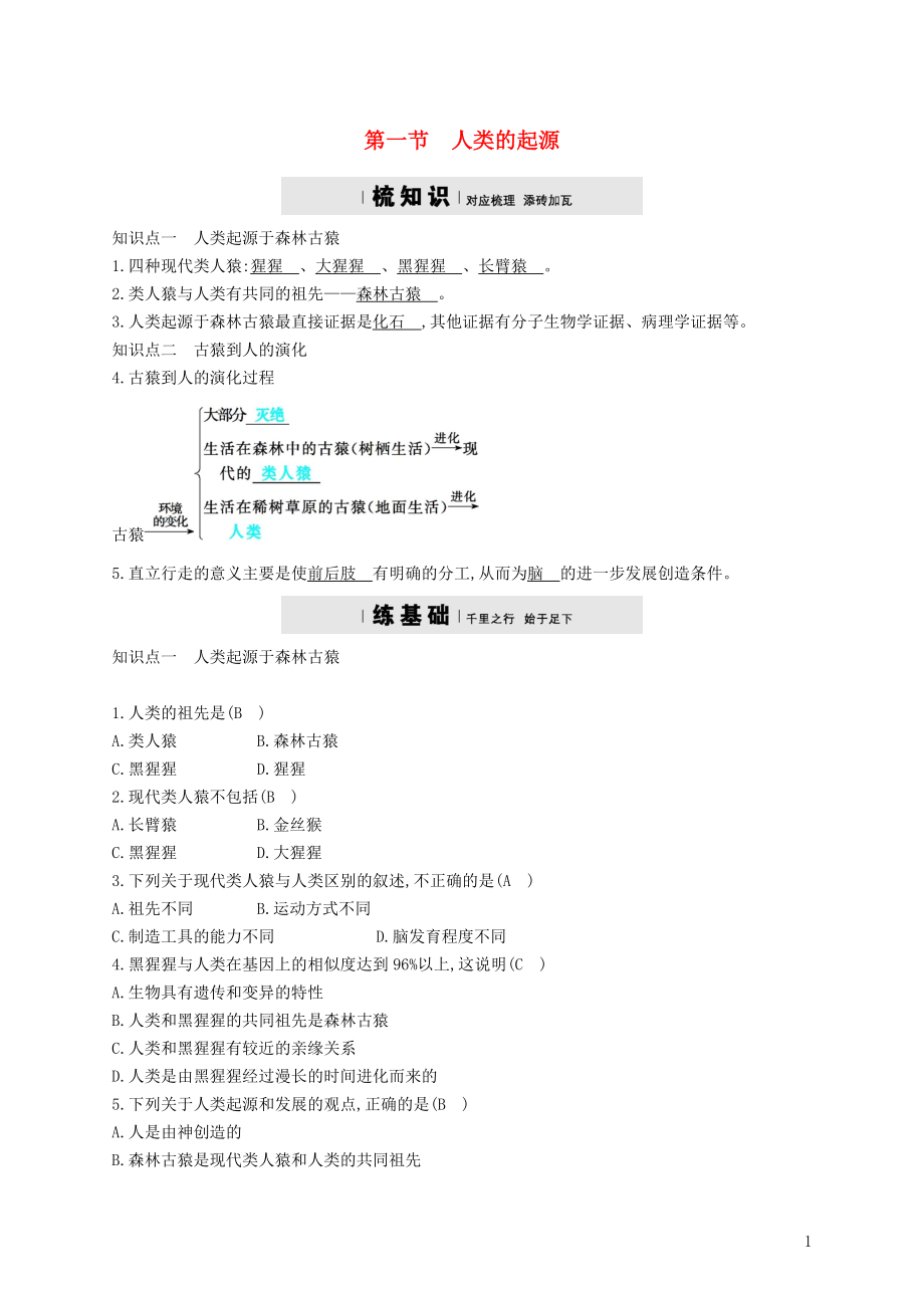 2017-2018學(xué)年八年級(jí)生物下冊(cè) 5.2.1 人類(lèi)的起源精練 （新版）濟(jì)南版_第1頁(yè)