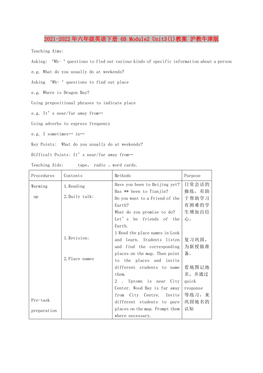 2021-2022年六年級(jí)英語下冊(cè) 6B Module2 Unit3(1)教案 滬教牛津版_第1頁