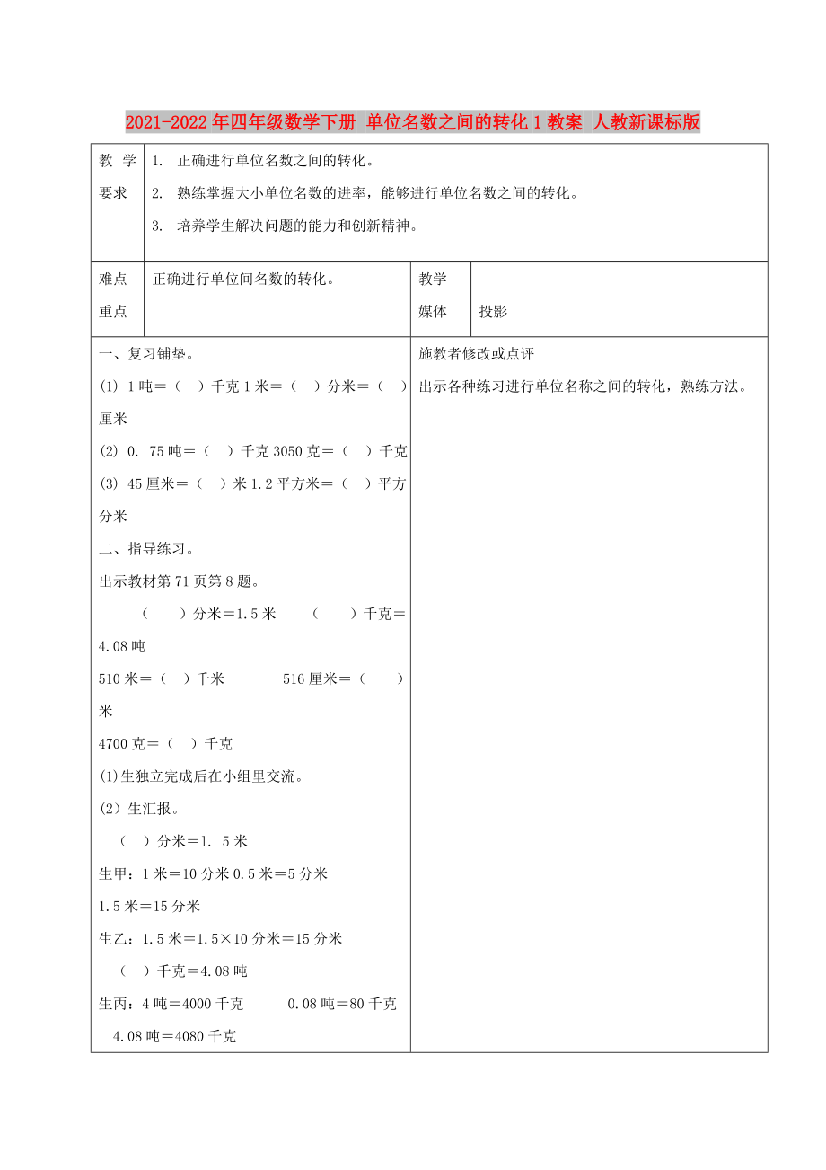 2021-2022年四年級(jí)數(shù)學(xué)下冊(cè) 單位名數(shù)之間的轉(zhuǎn)化1教案 人教新課標(biāo)版_第1頁(yè)