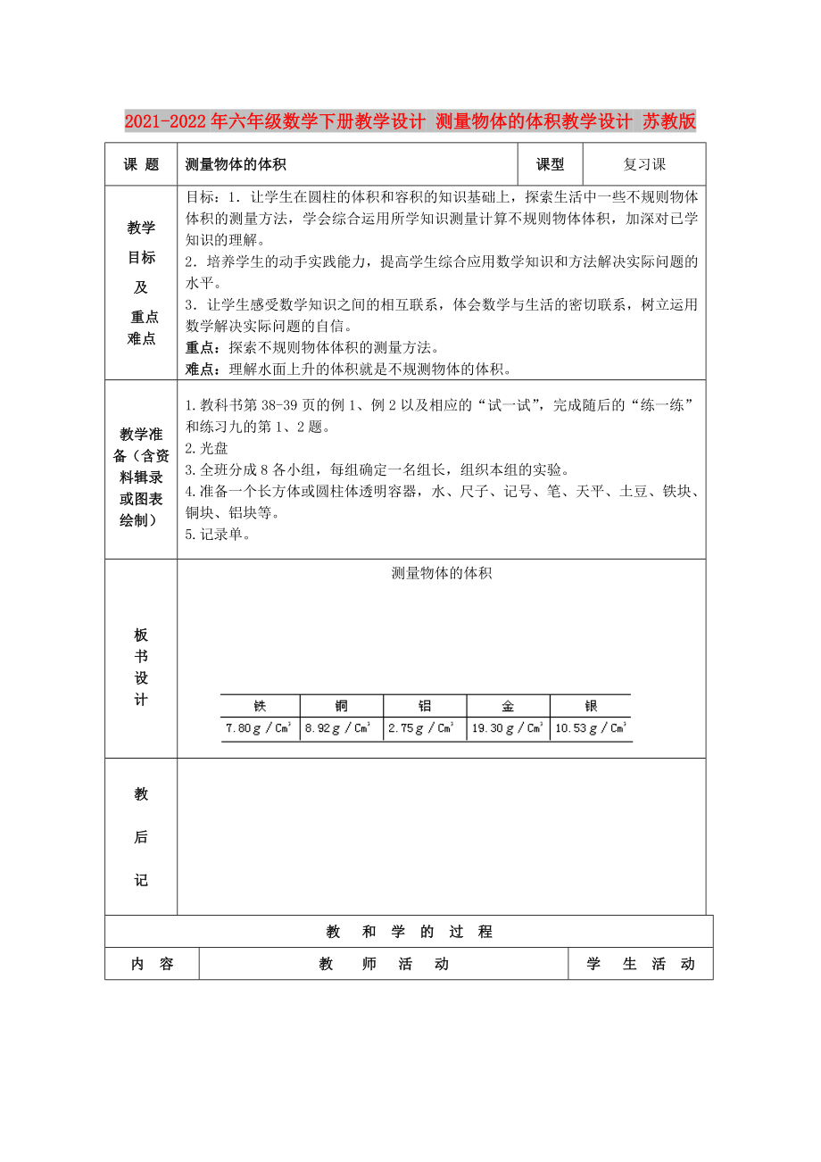 2021-2022年六年級數學下冊教學設計 測量物體的體積教學設計 蘇教版_第1頁