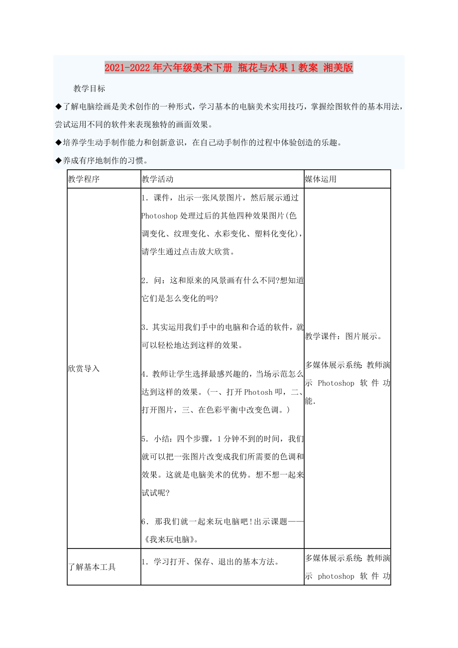 2021-2022年六年級(jí)美術(shù)下冊(cè) 瓶花與水果1教案 湘美版_第1頁