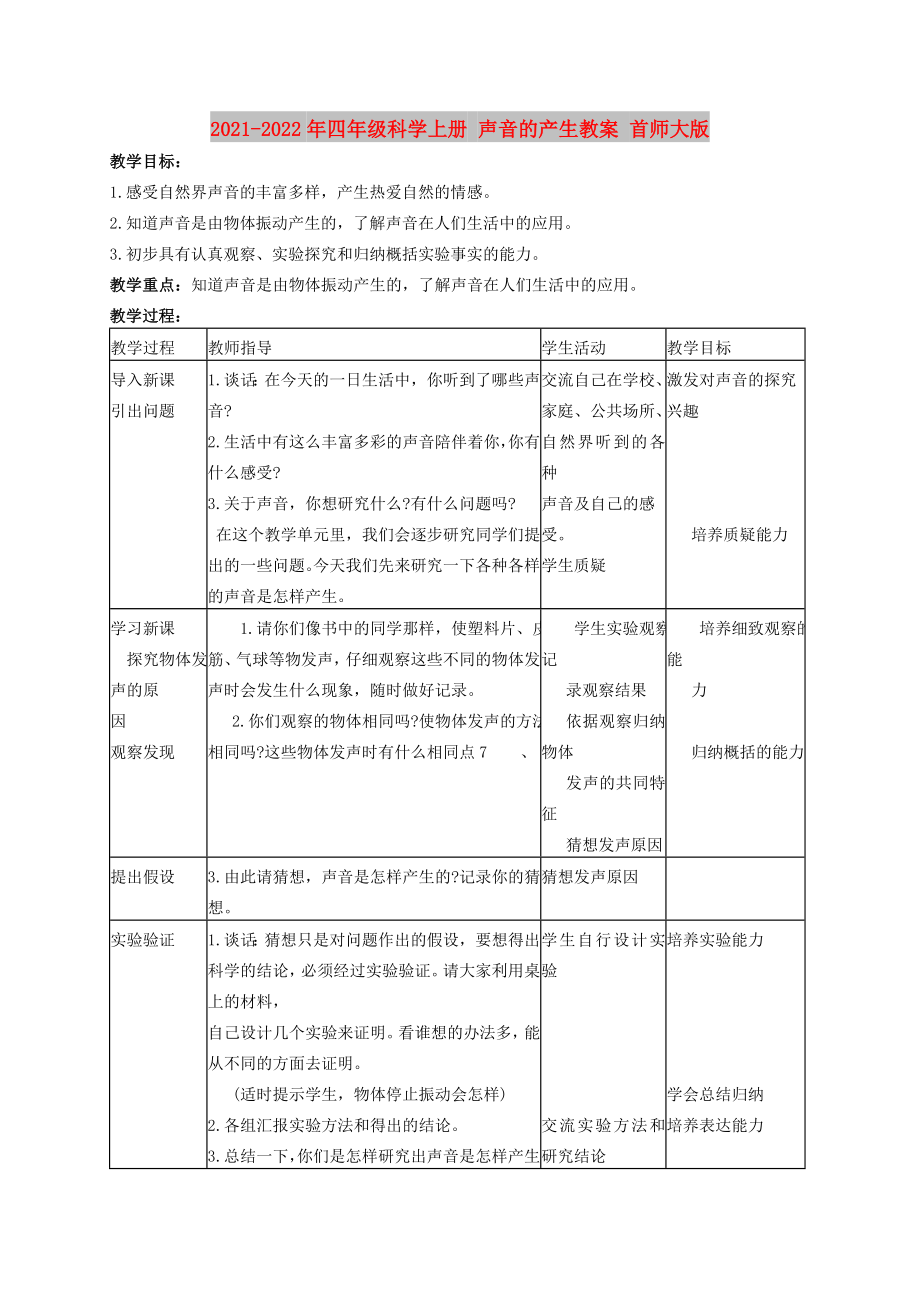 2021-2022年四年级科学上册 声音的产生教案 首师大版_第1页