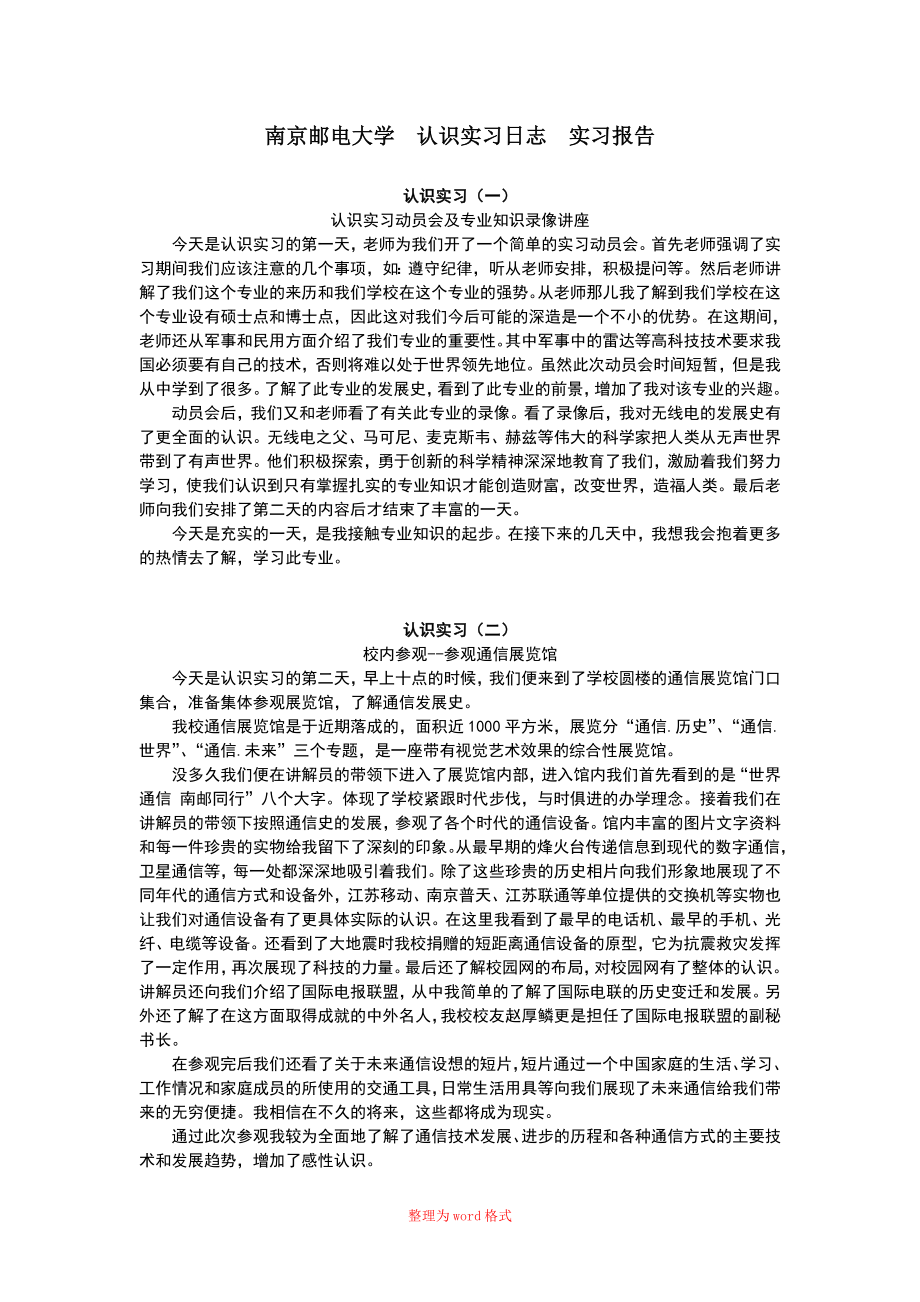 南京郵電大學(xué)認(rèn)識實(shí)習(xí)日志實(shí)習(xí)報(bào)告Word版_第1頁