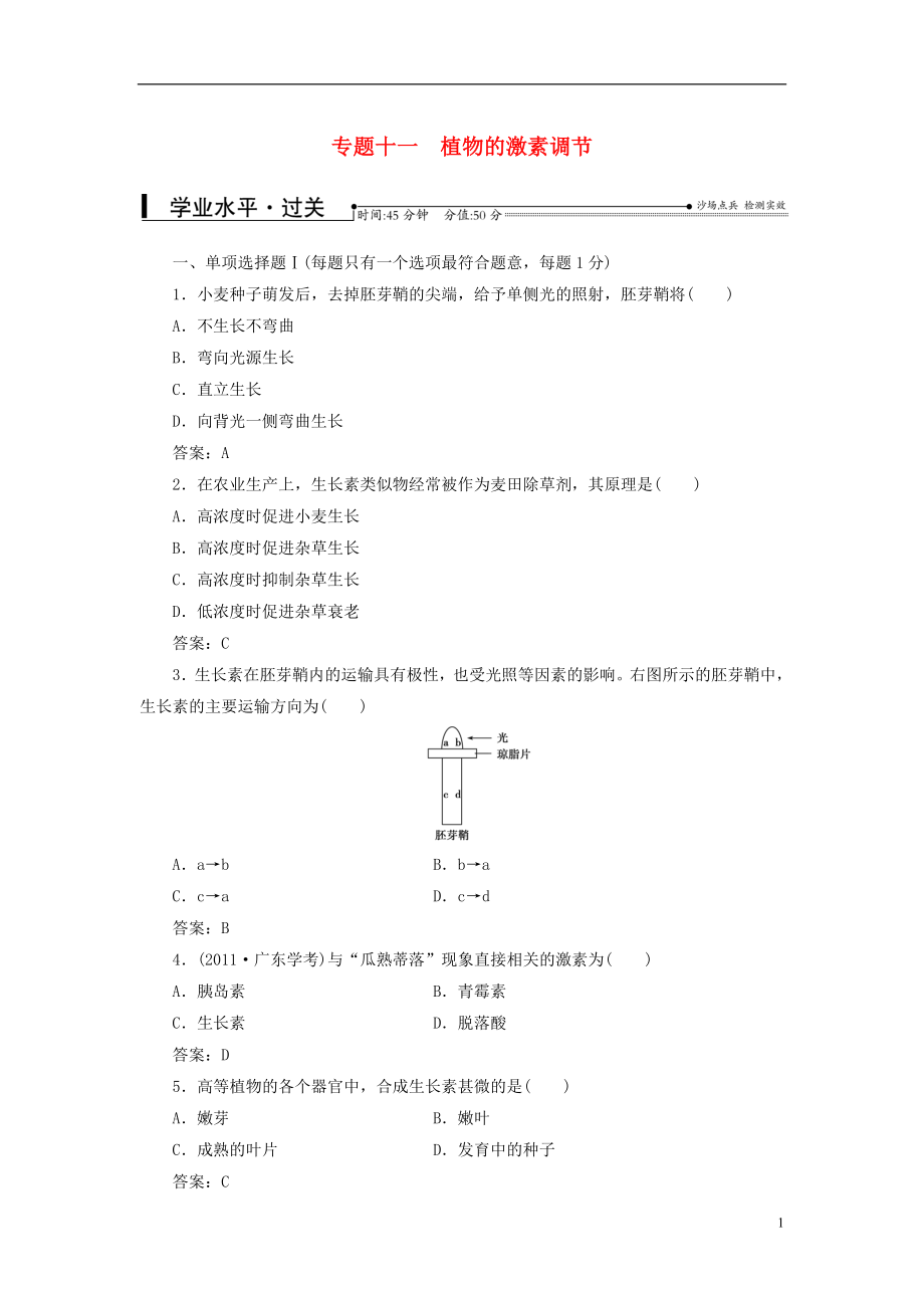 2016-2017學年中考生物專題總復習 專題十一 植物的激素調(diào)節(jié)_第1頁