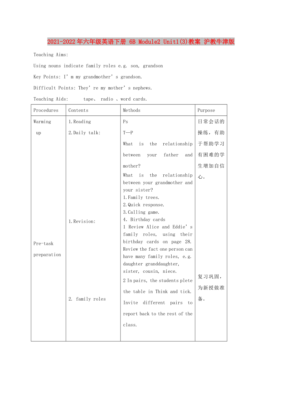 2021-2022年六年級英語下冊 6B Module2 Unit1(3)教案 滬教牛津版_第1頁