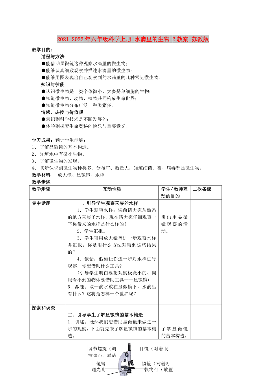 2021-2022年六年級科學(xué)上冊 水滴里的生物 2教案 蘇教版_第1頁