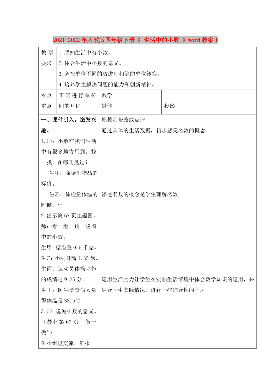 2021-2022年人教版四年級(jí)下冊(cè)《 生活中的小數(shù) 》word教案1_第1頁(yè)