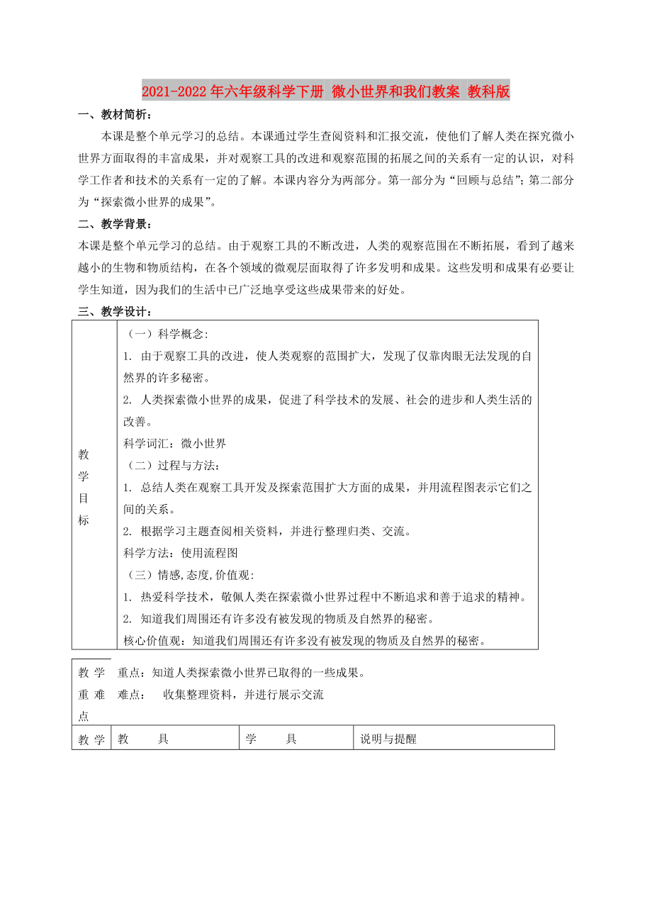 2021-2022年六年級科學(xué)下冊 微小世界和我們教案 教科版_第1頁