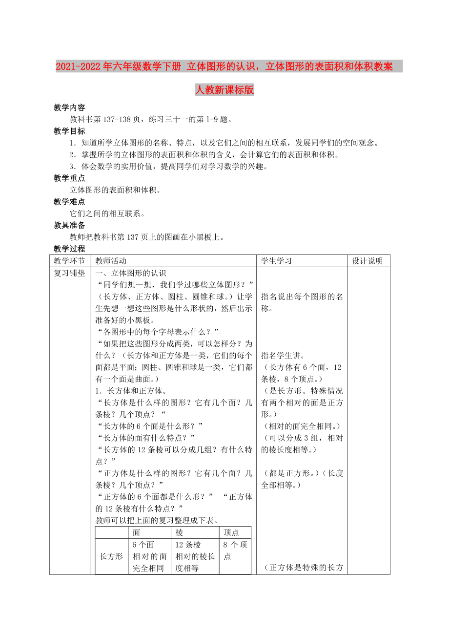 2021-2022年六年級(jí)數(shù)學(xué)下冊(cè) 立體圖形的認(rèn)識(shí)立體圖形的表面積和體積教案人教新課標(biāo)版_第1頁(yè)