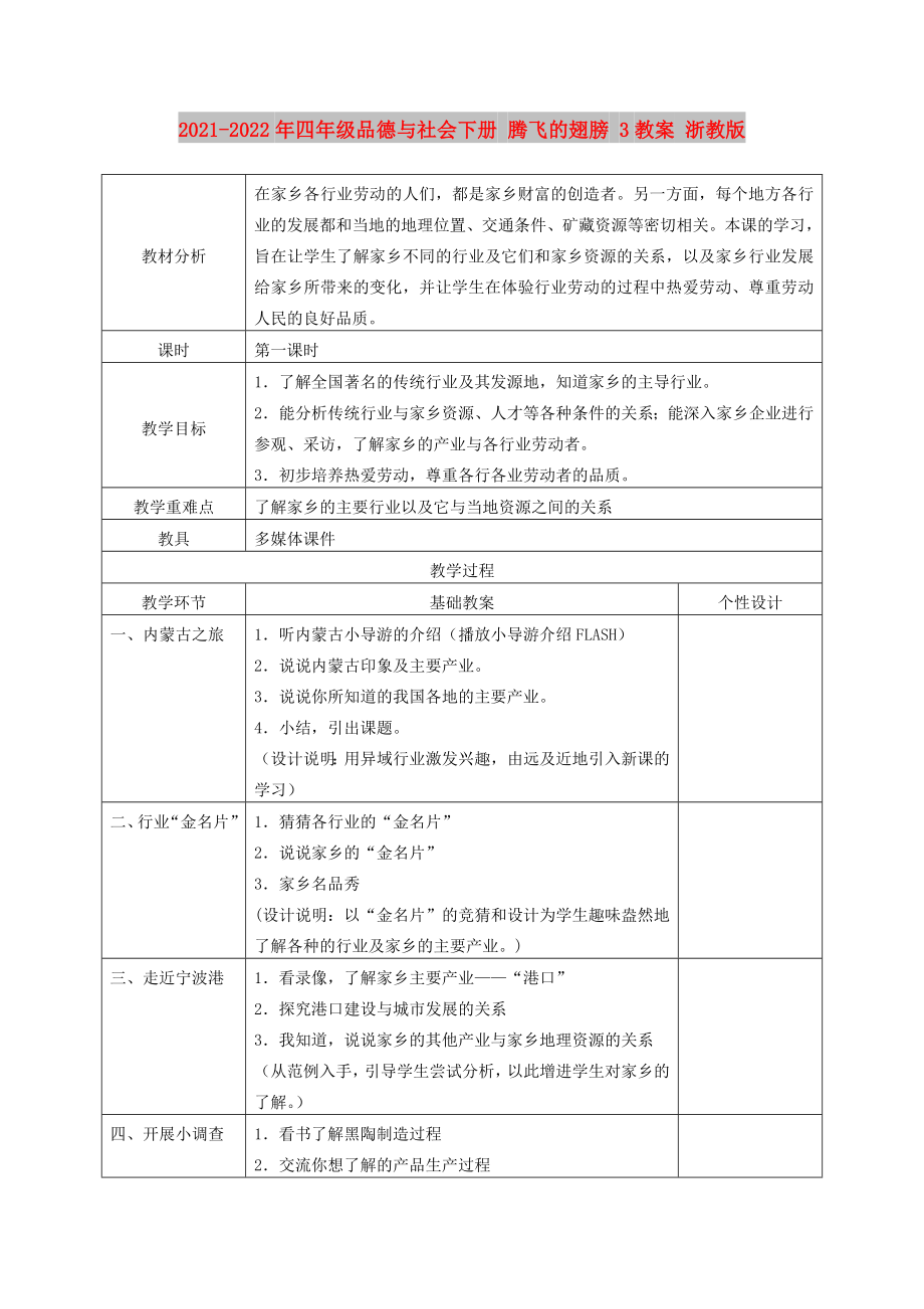 2021-2022年四年級品德與社會下冊 騰飛的翅膀 3教案 浙教版_第1頁