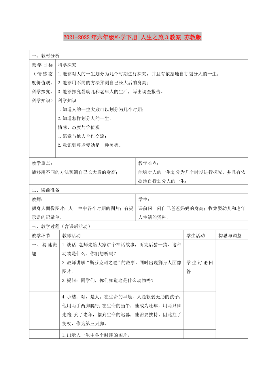 2021-2022年六年級科學下冊 人生之旅3教案 蘇教版_第1頁