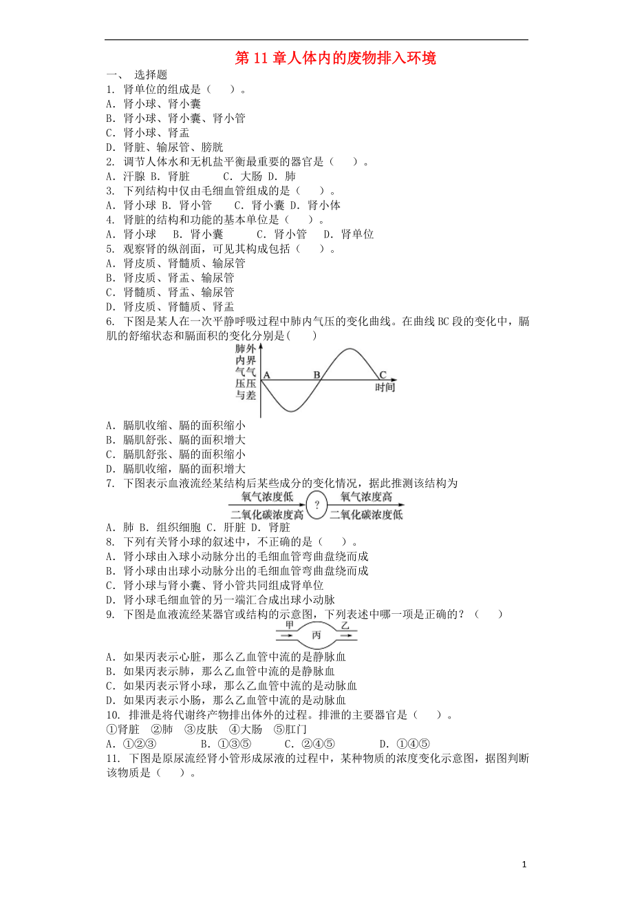 2018學(xué)年七年級(jí)生物下冊(cè) 第4單元 第11章 人體內(nèi)的廢物排入環(huán)境單元測(cè)試題 （新版）蘇教版_第1頁