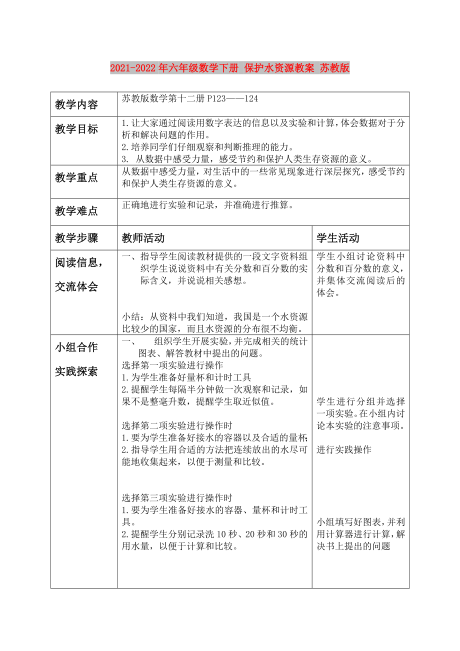 2021-2022年六年级数学下册 保护水资源教案 苏教版_第1页