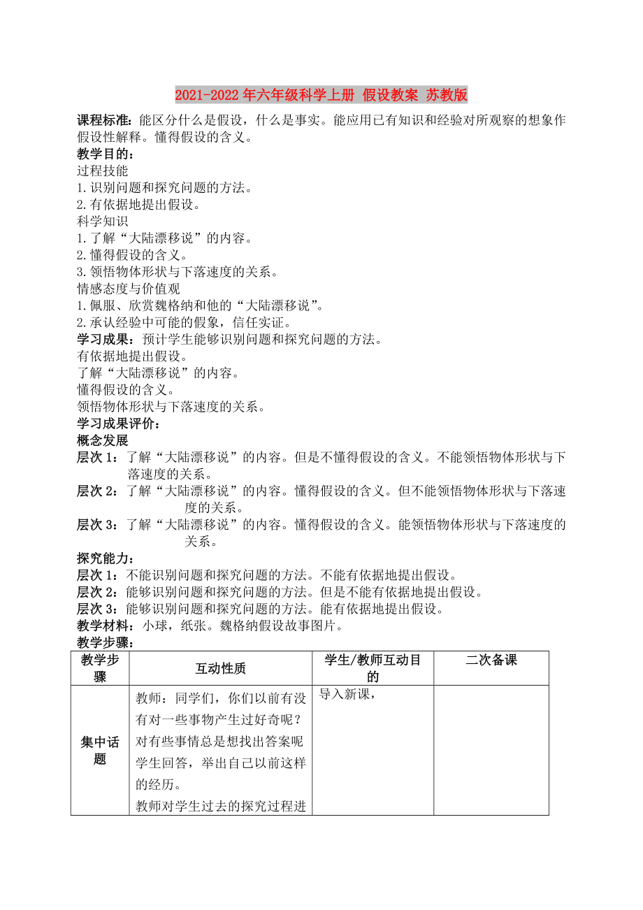 2021-2022年六年級科學(xué)上冊 假設(shè)教案 蘇教版_第1頁