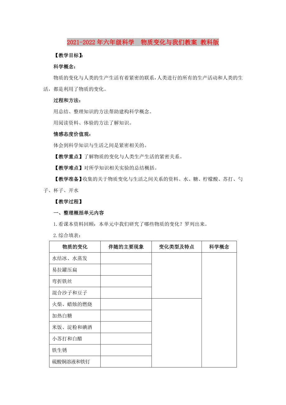 2021-2022年六年級科學物質變化與我們教案 教科版_第1頁