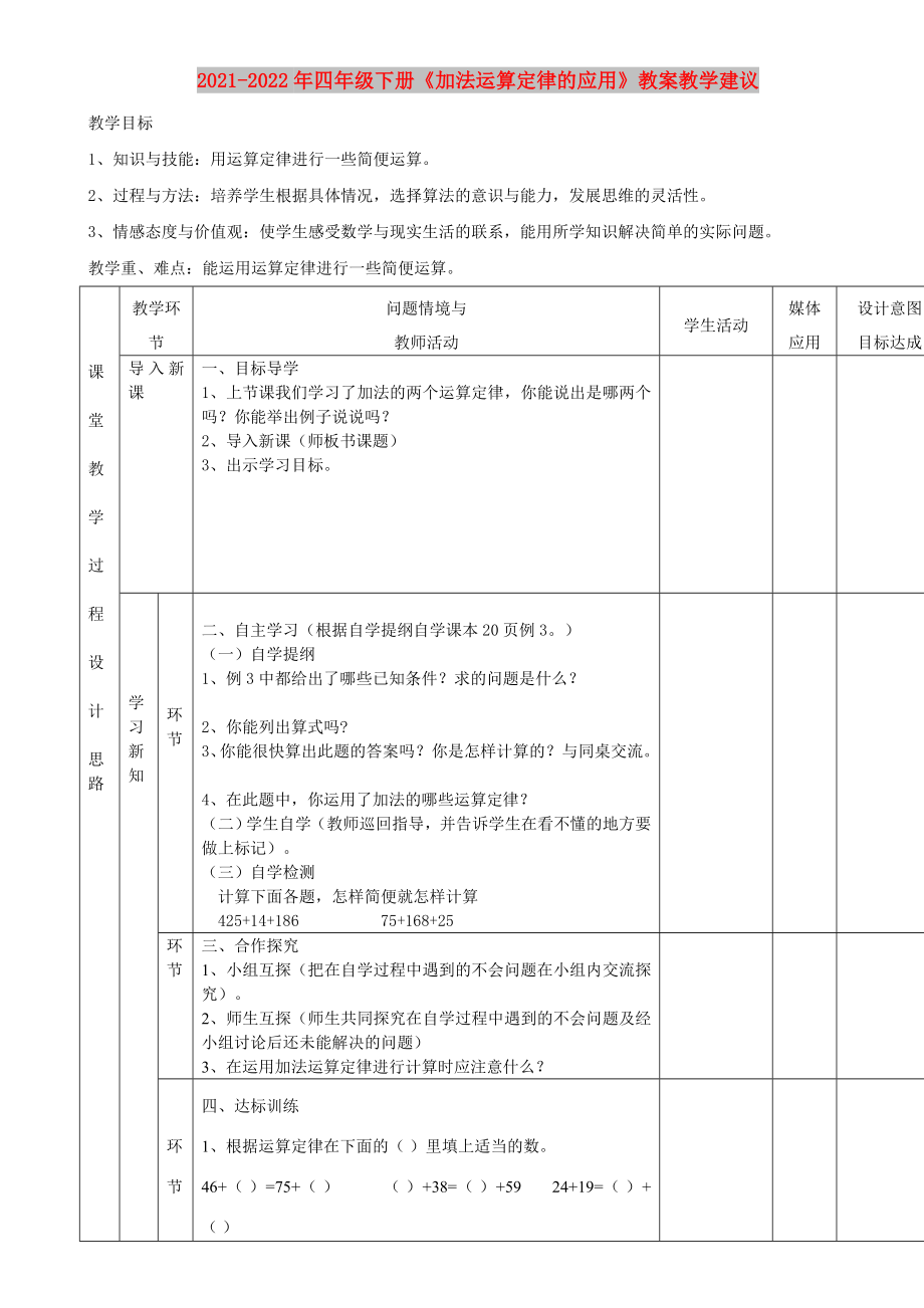 2021-2022年四年級下冊《加法運算定律的應(yīng)用》教案教學建議_第1頁