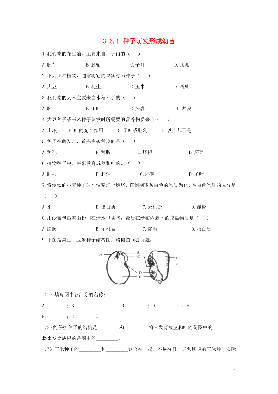 七年級生物上冊 第3單元 生物圈中的綠色植物 第6章 綠色開花植物的生活史 3.6.1 種子萌發(fā)形成幼苗同步練習(xí)（新版）北師大版_第1頁