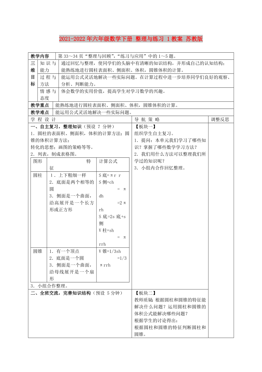 2021-2022年六年級數(shù)學(xué)下冊 整理與練習(xí) 1教案 蘇教版_第1頁