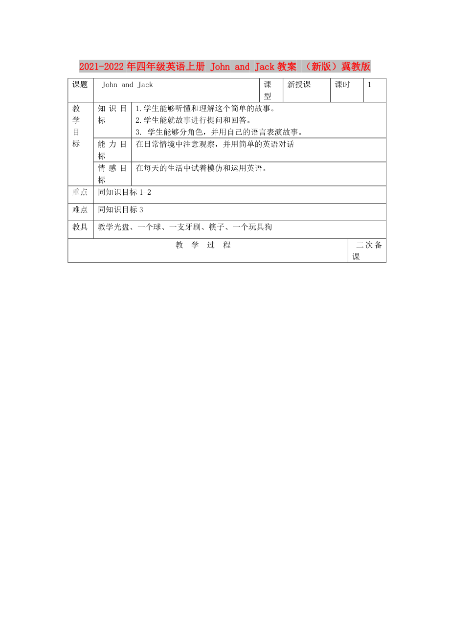 2021-2022年四年級(jí)英語上冊(cè) John and Jack教案 （新版）冀教版_第1頁