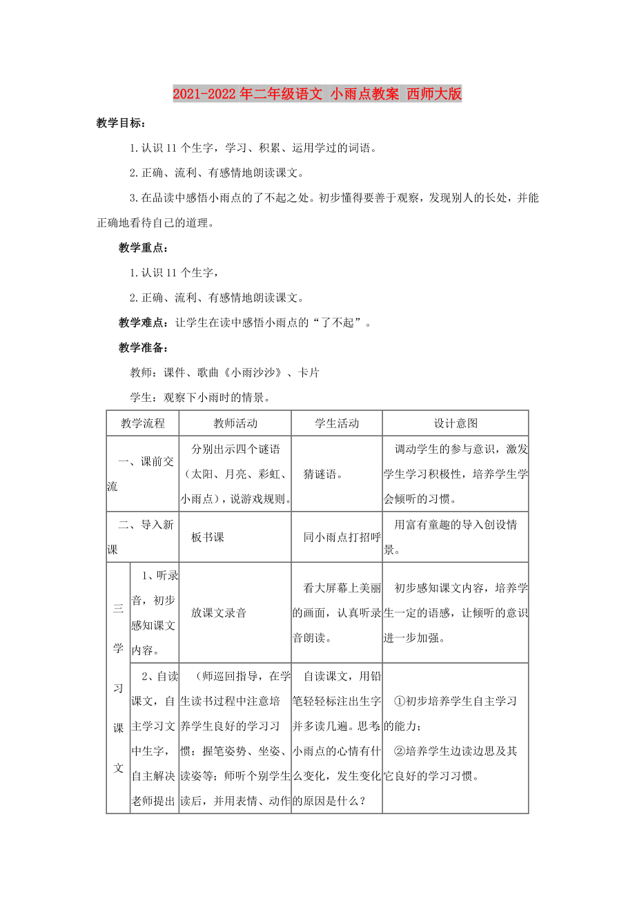 2021-2022年二年級語文 小雨點(diǎn)教案 西師大版_第1頁