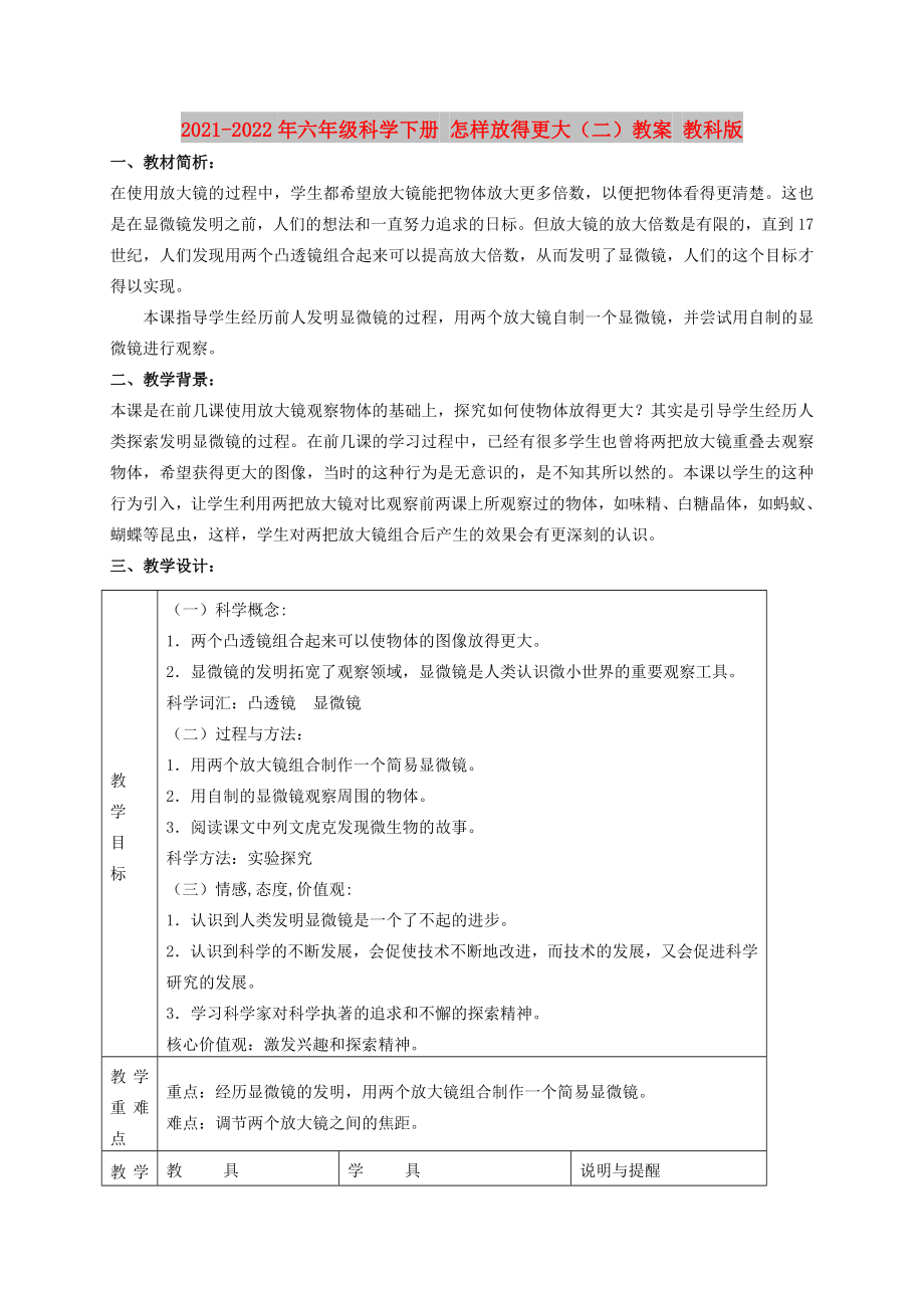 2021-2022年六年級(jí)科學(xué)下冊(cè) 怎樣放得更大（二）教案 教科版_第1頁(yè)