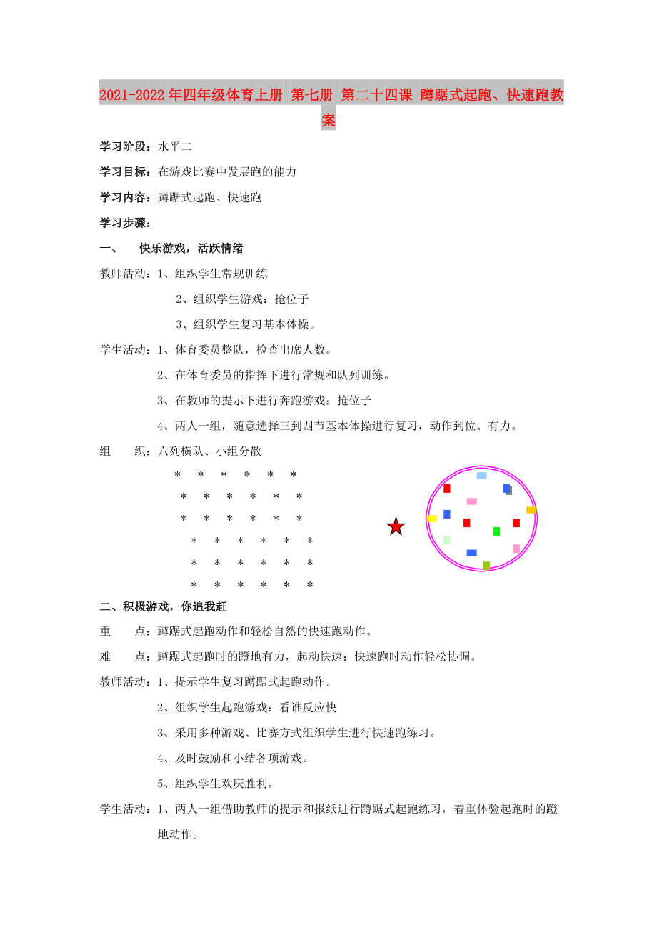 2021-2022年四年級體育上冊 第七冊 第二十四課 蹲踞式起跑、快速跑教案_第1頁