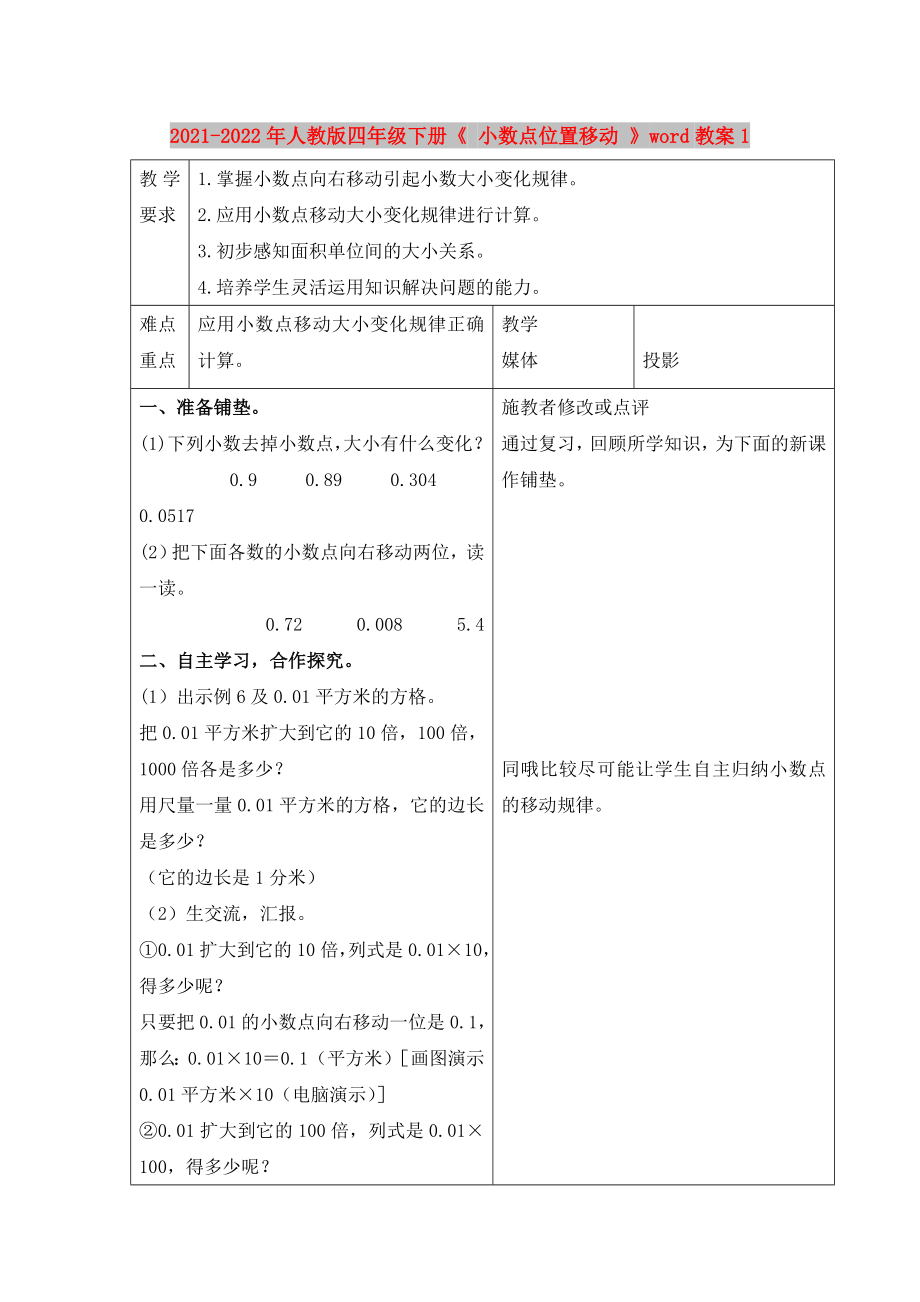 2021-2022年人教版四年級(jí)下冊《 小數(shù)點(diǎn)位置移動(dòng) 》word教案1_第1頁