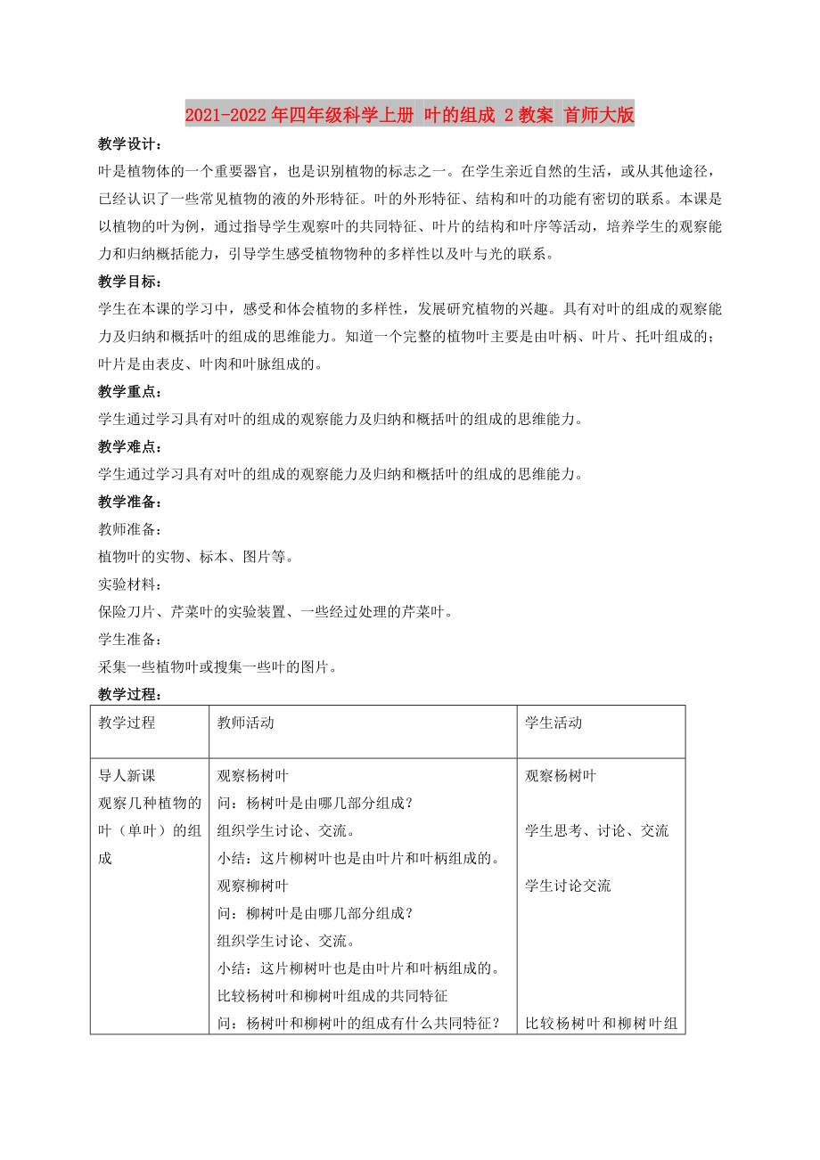 2021-2022年四年级科学上册 叶的组成 2教案 首师大版_第1页