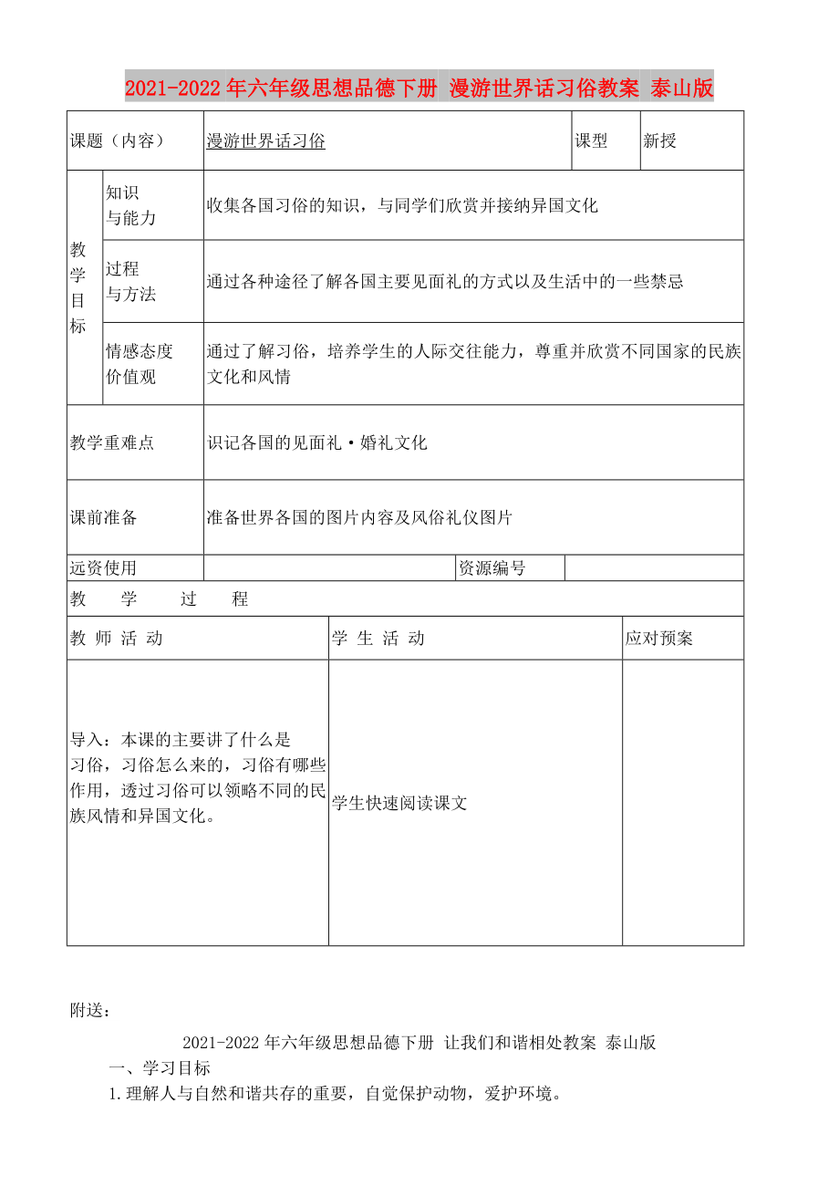 2021-2022年六年級思想品德下冊 漫游世界話習(xí)俗教案 泰山版_第1頁