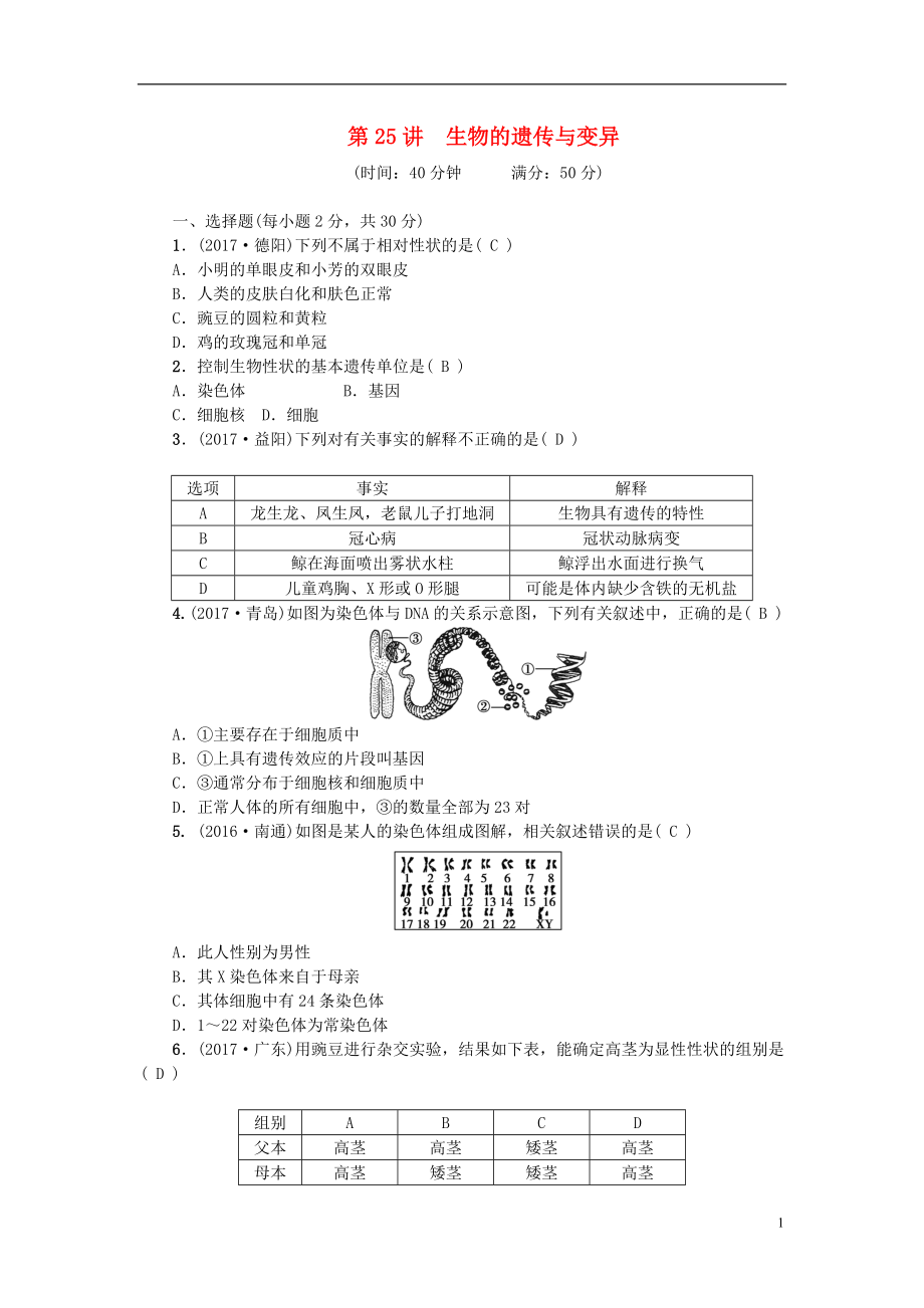 2018屆中考生物 第25講 生物的遺傳與變異復(fù)習(xí)練習(xí)_第1頁