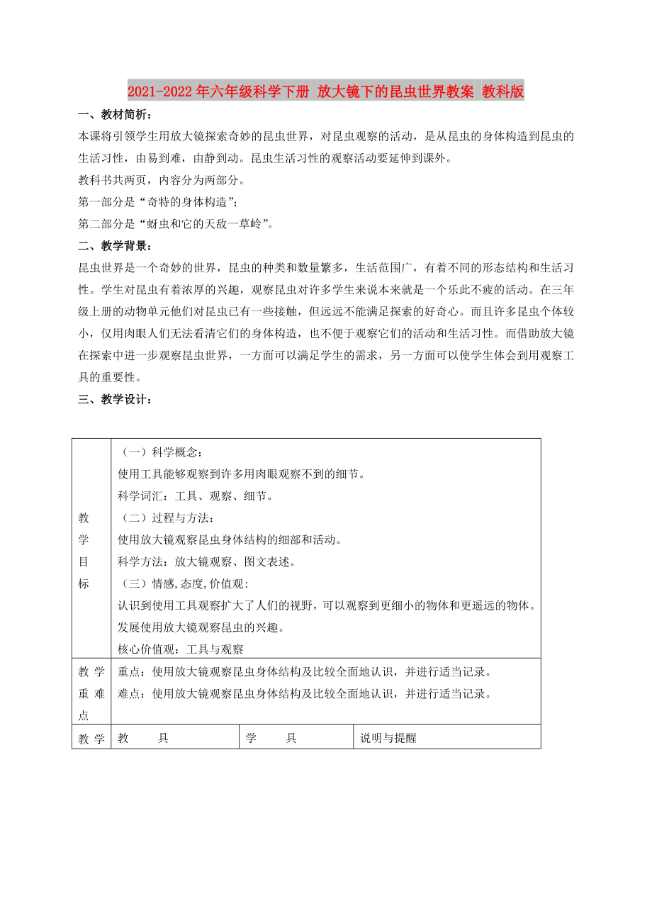 2021-2022年六年级科学下册 放大镜下的昆虫世界教案 教科版_第1页