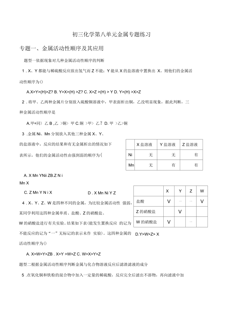 初三化学-金属活动性顺序及其应用-专题练习_第1页