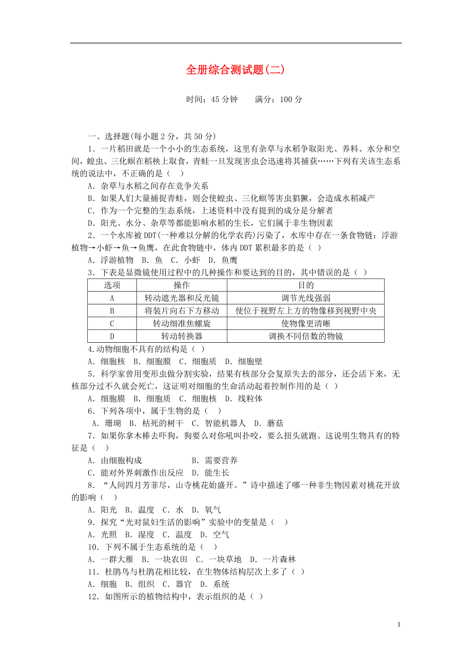 2017-2018学年七年级生物上册 全册综合测试题（二）（新版）新人教版_第1页