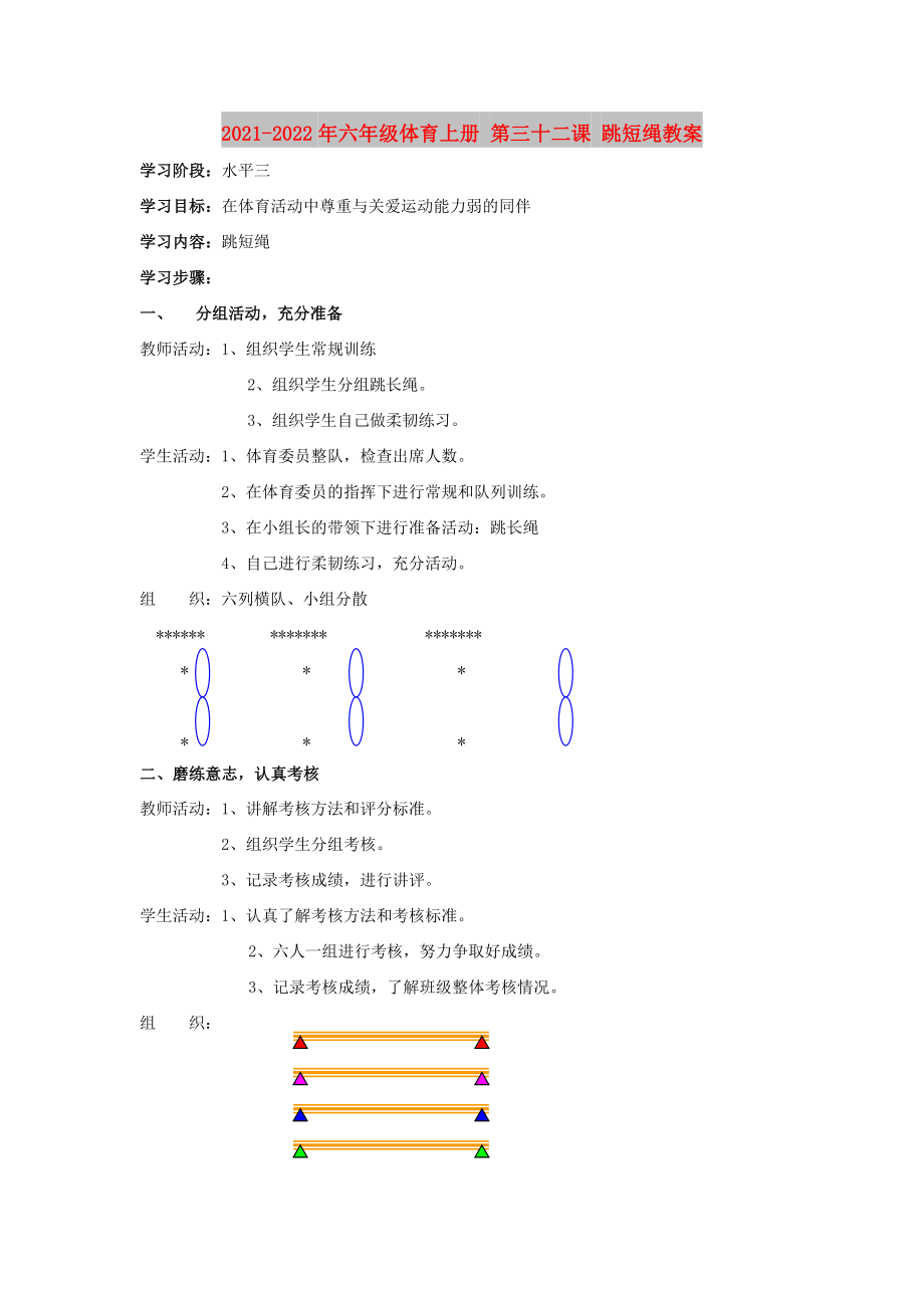 2021-2022年六年級(jí)體育上冊(cè) 第三十二課 跳短繩教案_第1頁(yè)