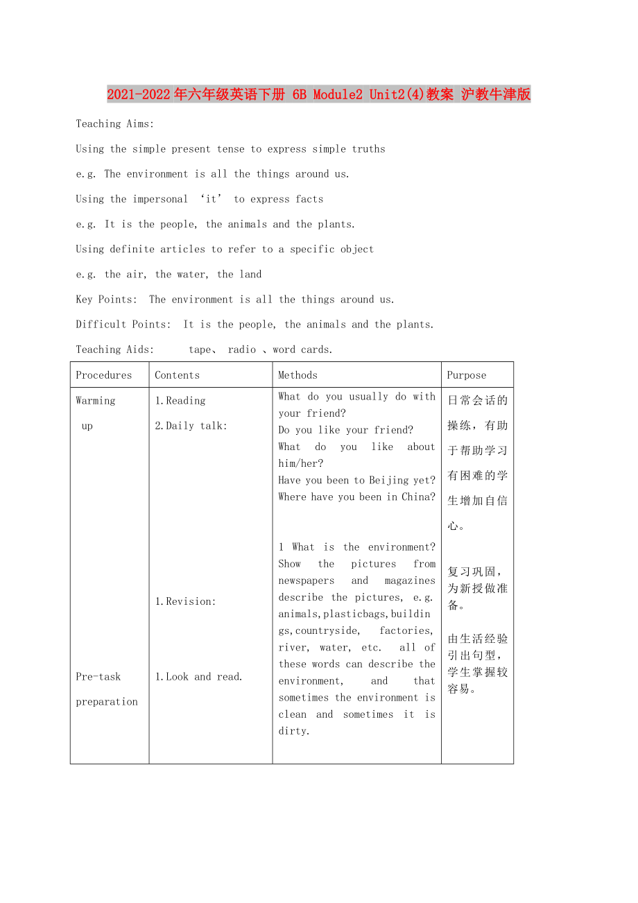 2021-2022年六年級(jí)英語(yǔ)下冊(cè) 6B Module2 Unit2(4)教案 滬教牛津版_第1頁(yè)