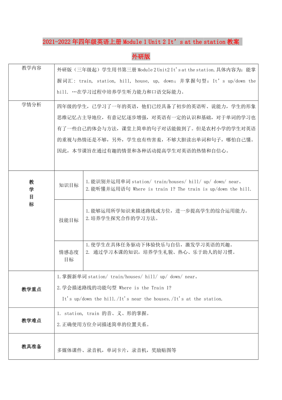 2021-2022年四年级英语上册 Module 1 Unit 2 It’s at the station教案 外研版_第1页