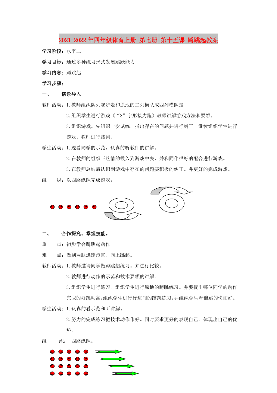 2021-2022年四年級體育上冊 第七冊 第十五課 蹲跳起教案_第1頁