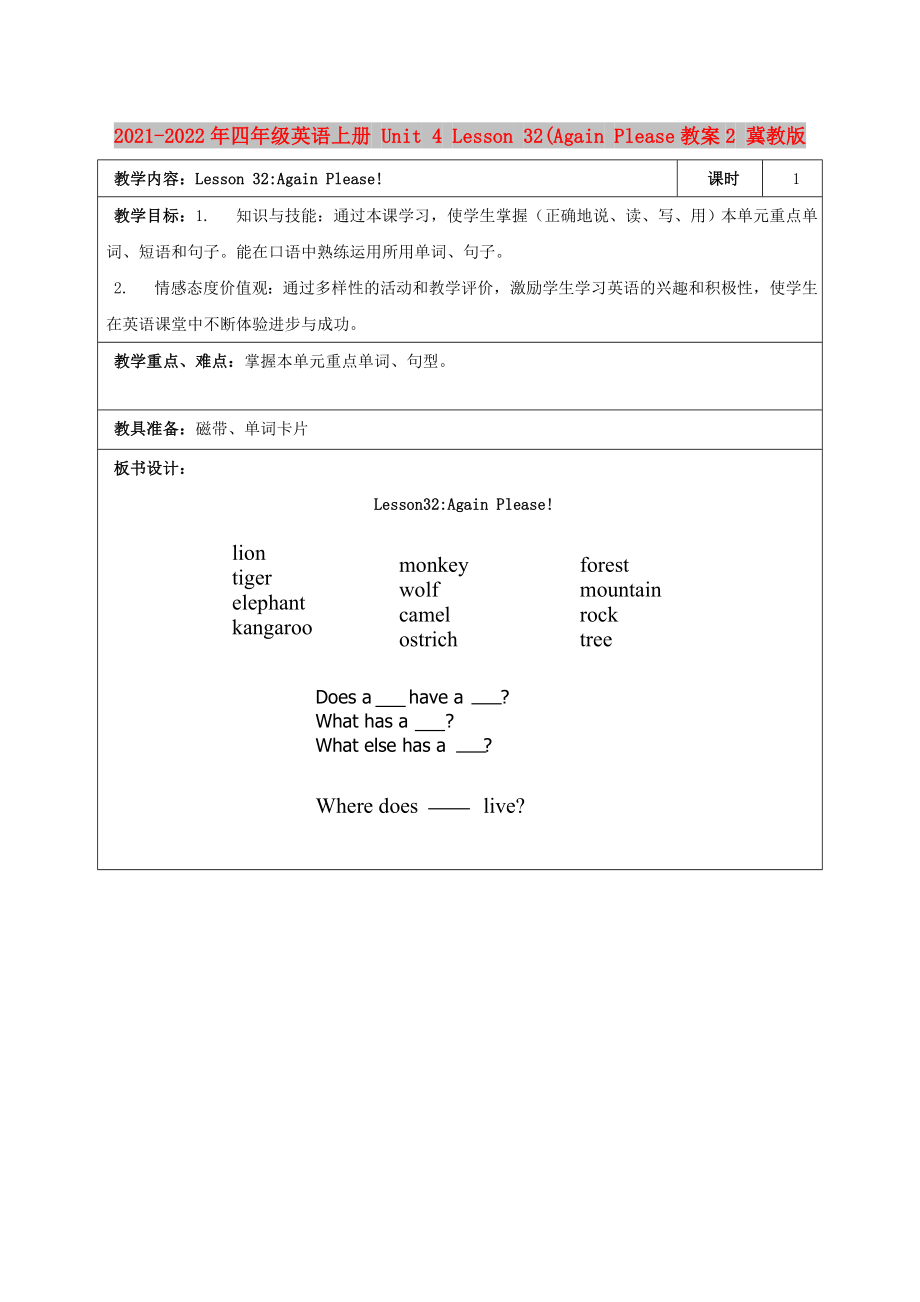 2021-2022年四年级英语上册 Unit 4 Lesson 32(Again Please教案2 冀教版_第1页