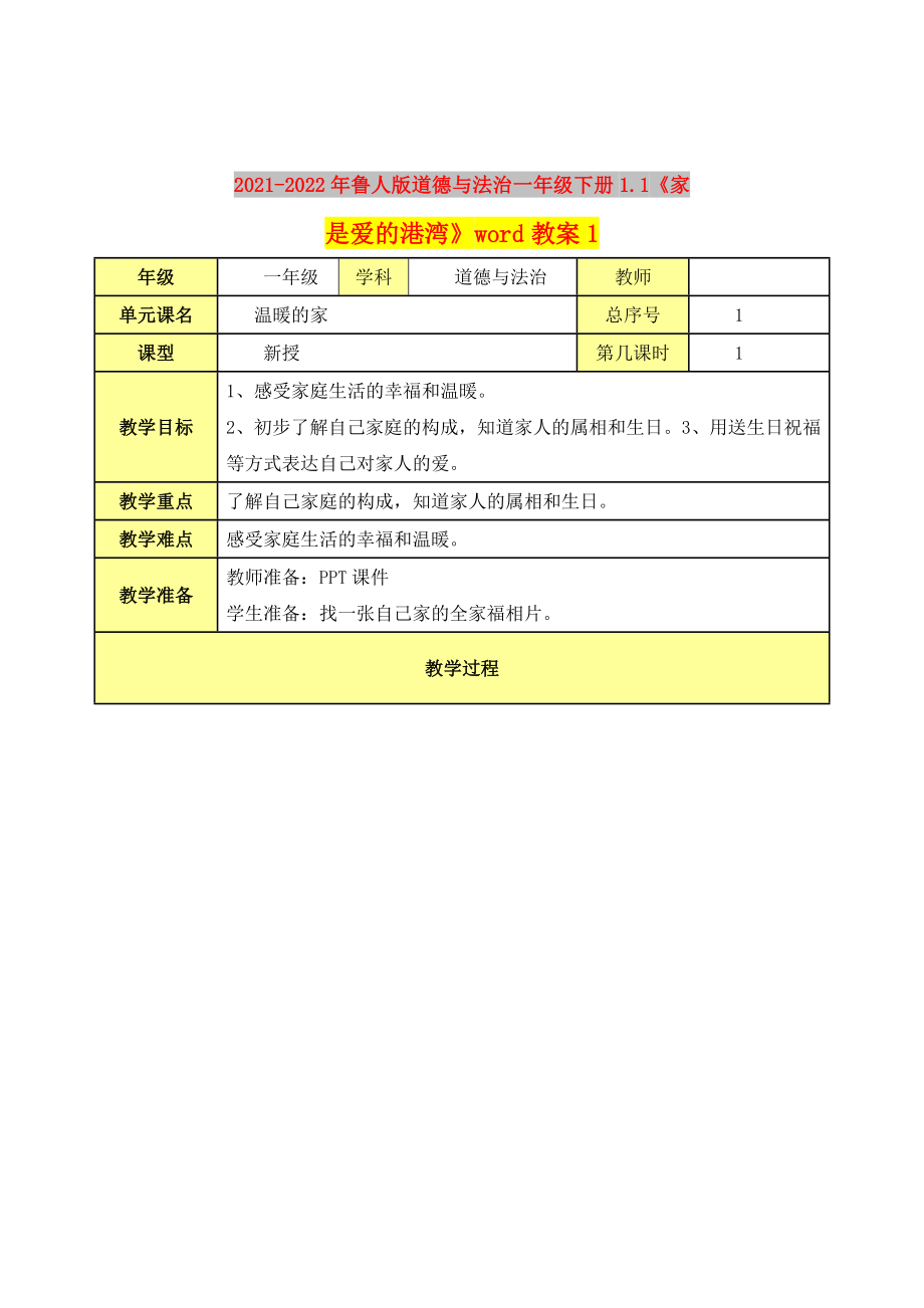 2021-2022年鲁人版道德与法治一年级下册1.1《家是爱的港湾》word教案1_第1页