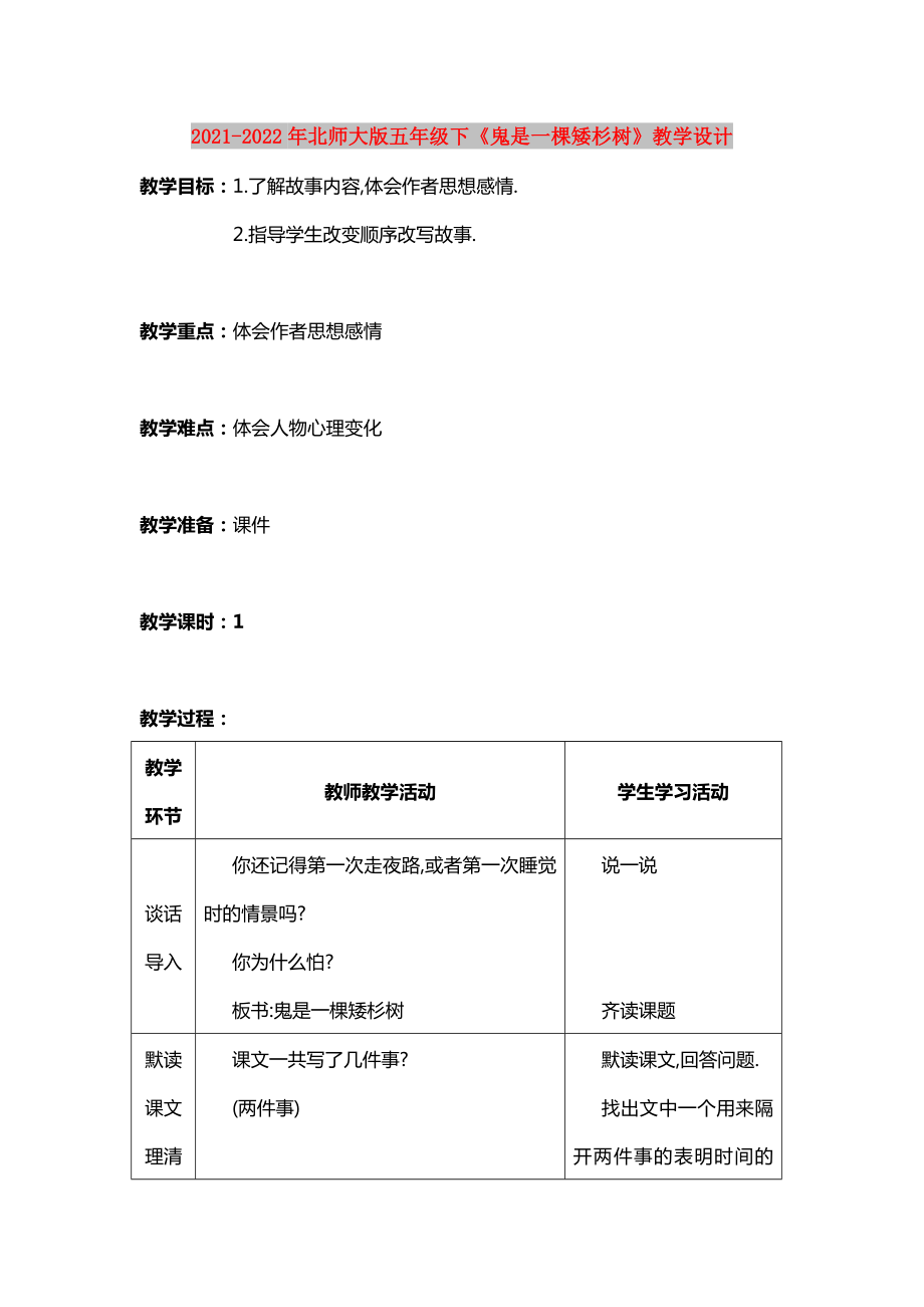 2021-2022年北師大版五年級下《鬼是一棵矮杉樹》教學(xué)設(shè)計_第1頁