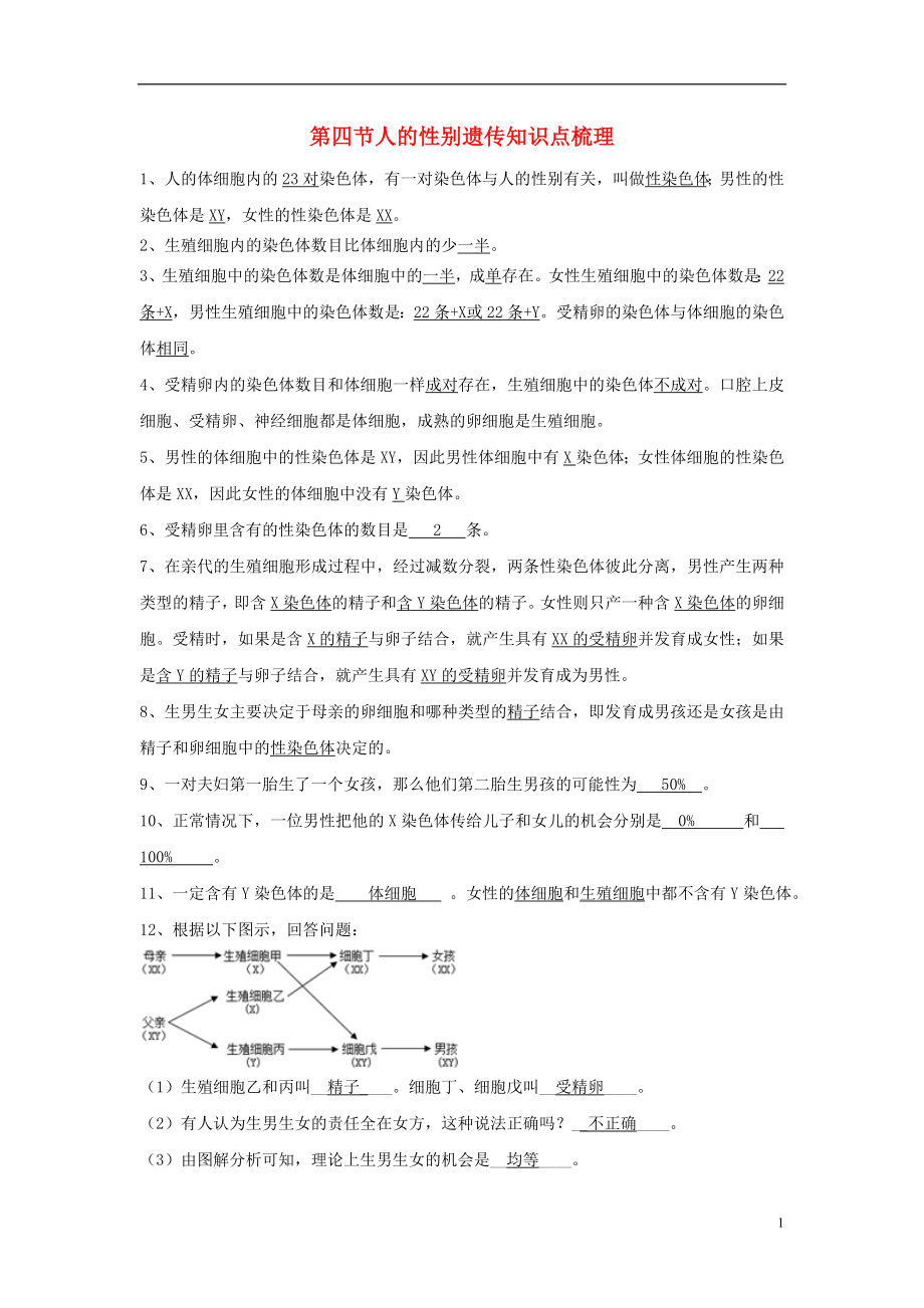 2017-2018學(xué)年八年級(jí)生物下冊(cè) 第七單元 第二章 第四節(jié) 人的性別遺傳基礎(chǔ)知識(shí)梳理 （新版）新人教版_第1頁(yè)